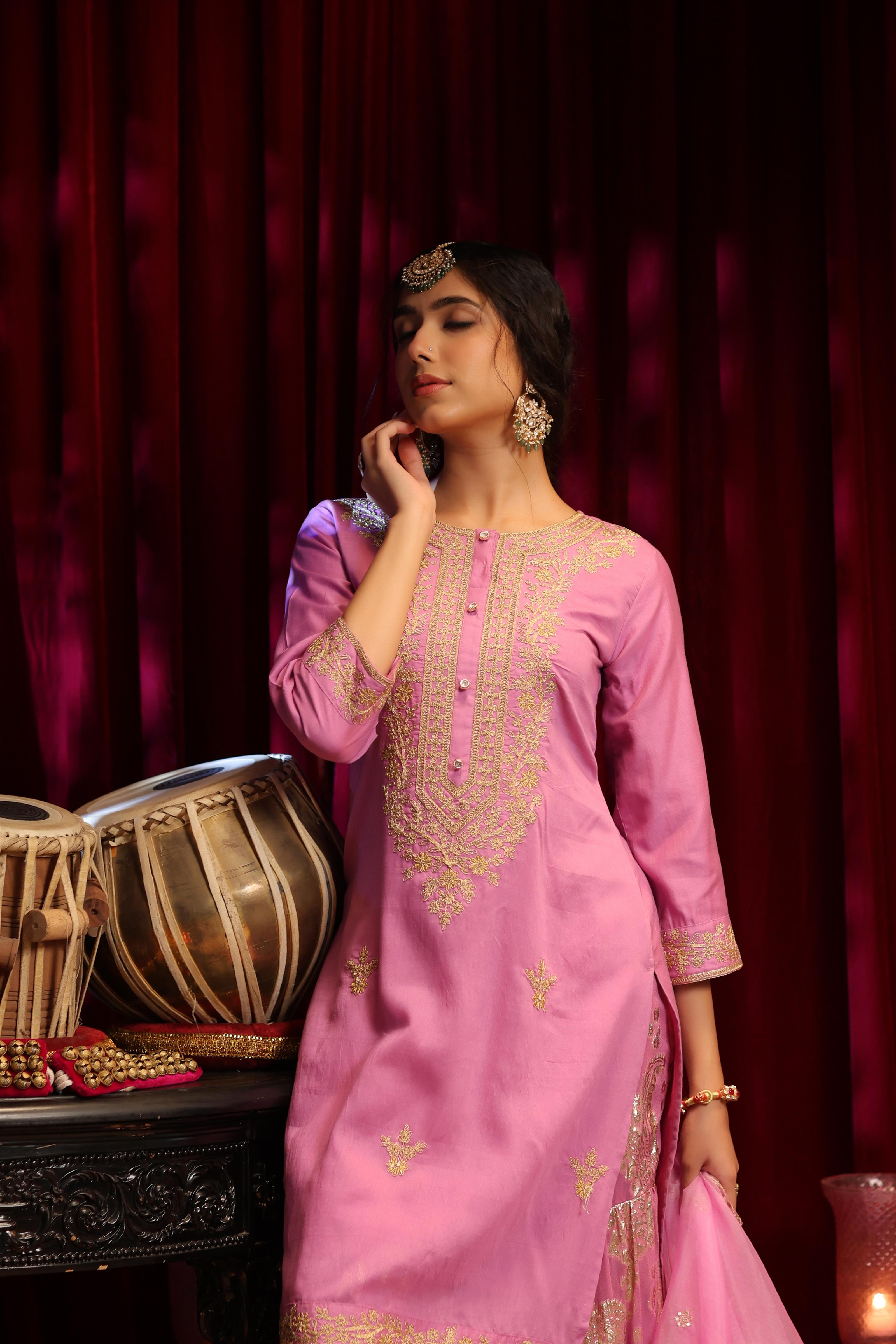 Mauve Chanderi Silk-Badla Georgette Dori Work Sharara Set