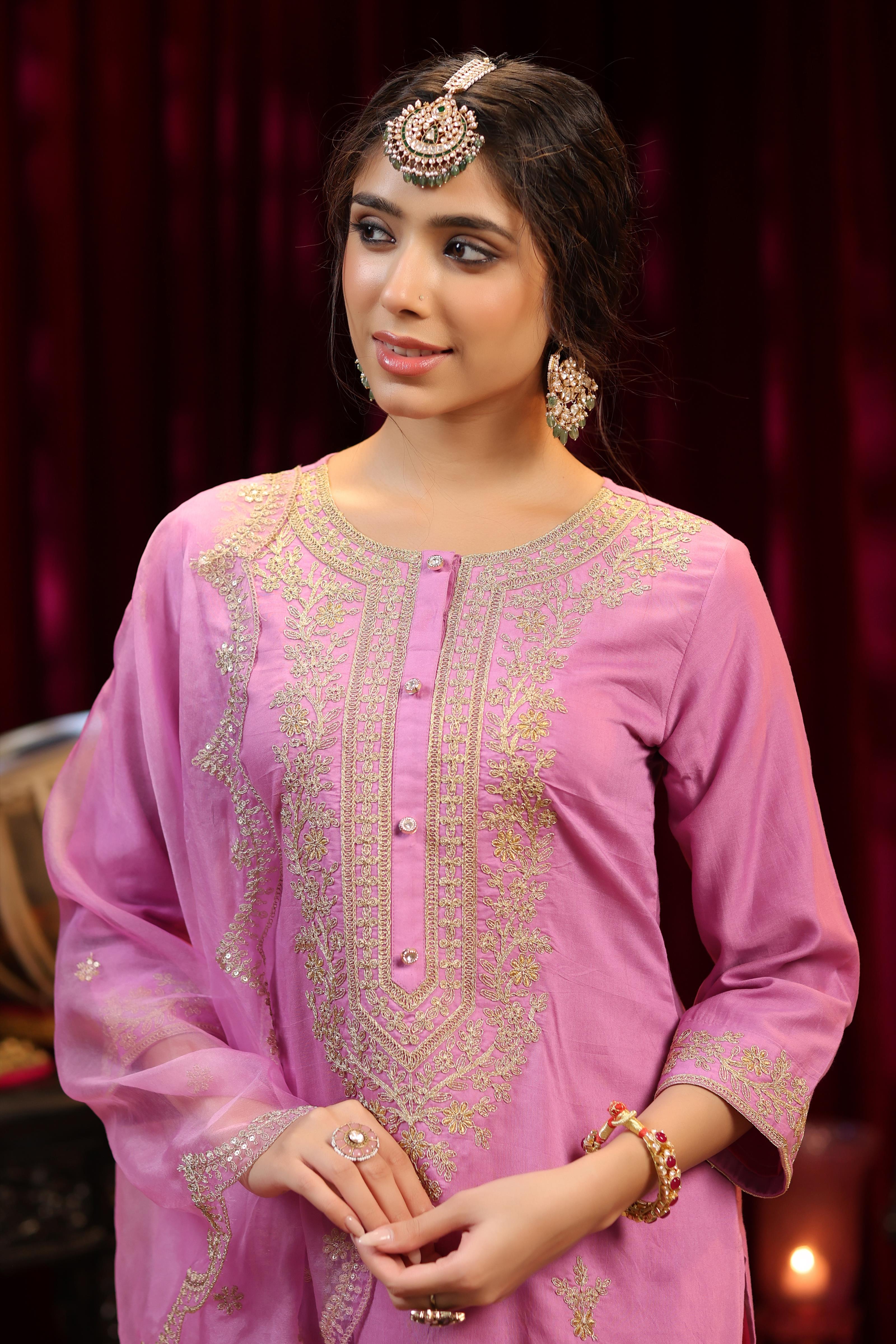 Mauve Chanderi Silk-Badla Georgette Dori Work Sharara Set