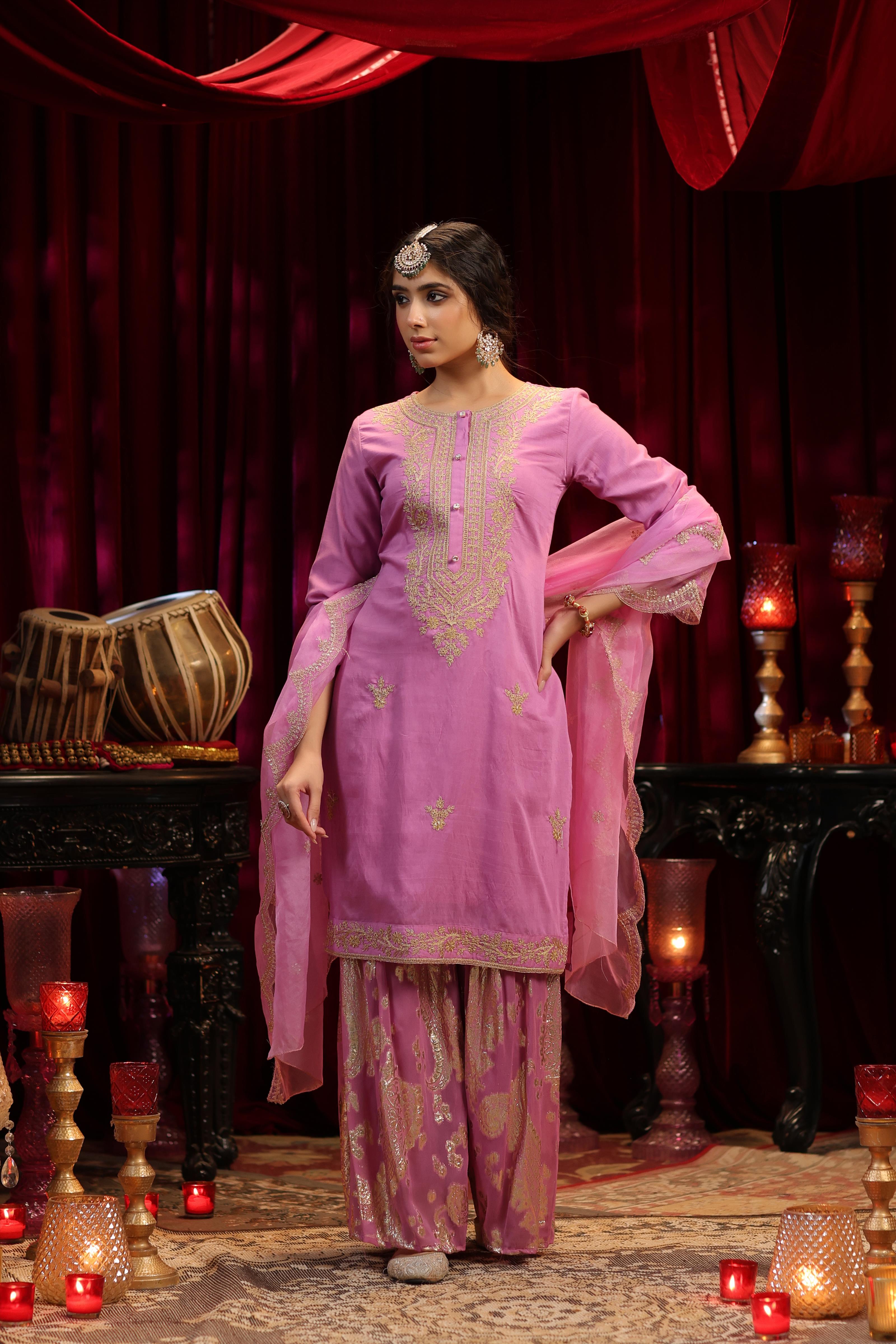 Mauve Chanderi Silk-Badla Georgette Dori Work Sharara Set