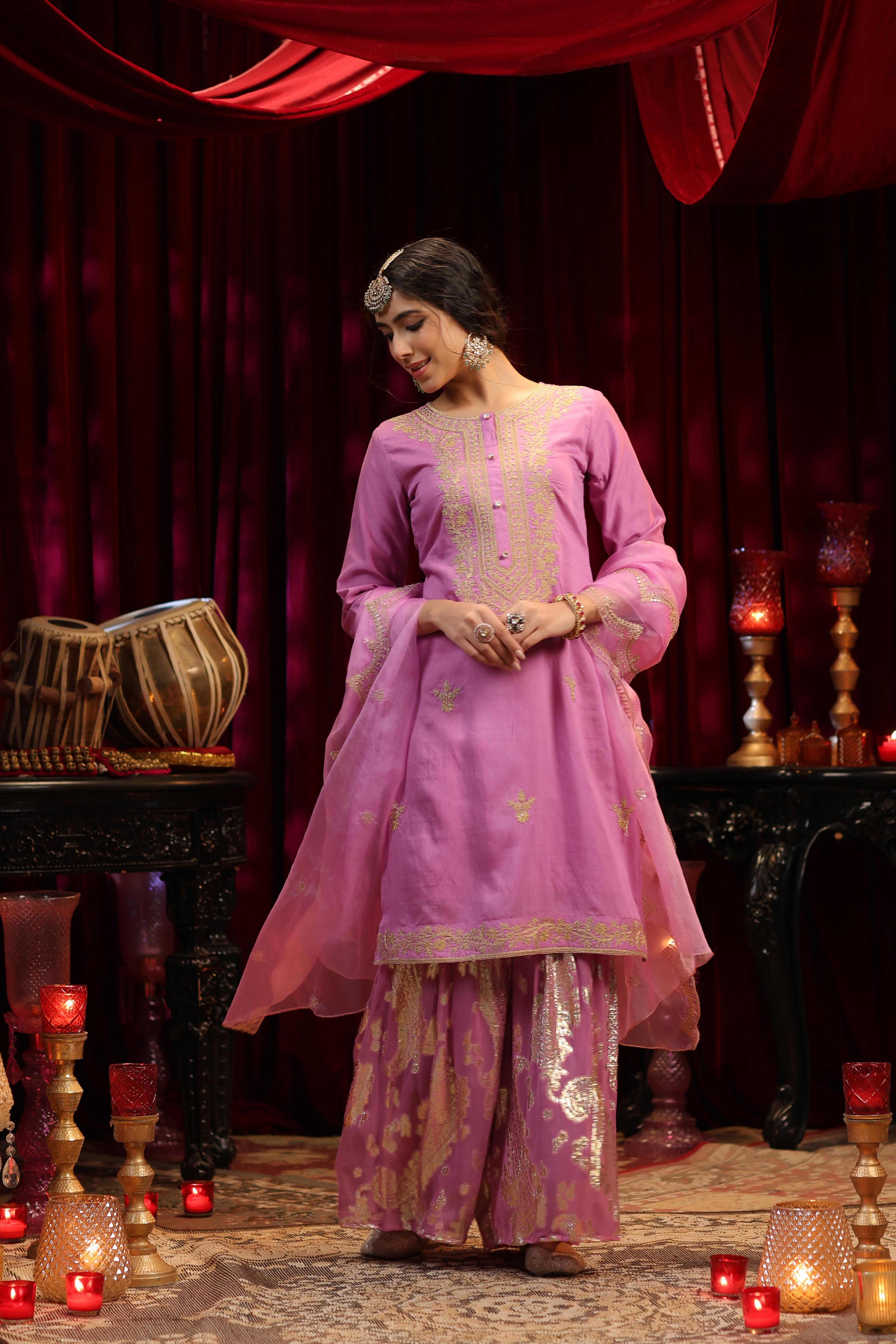 Mauve Chanderi Silk-Badla Georgette Dori Work Sharara Set