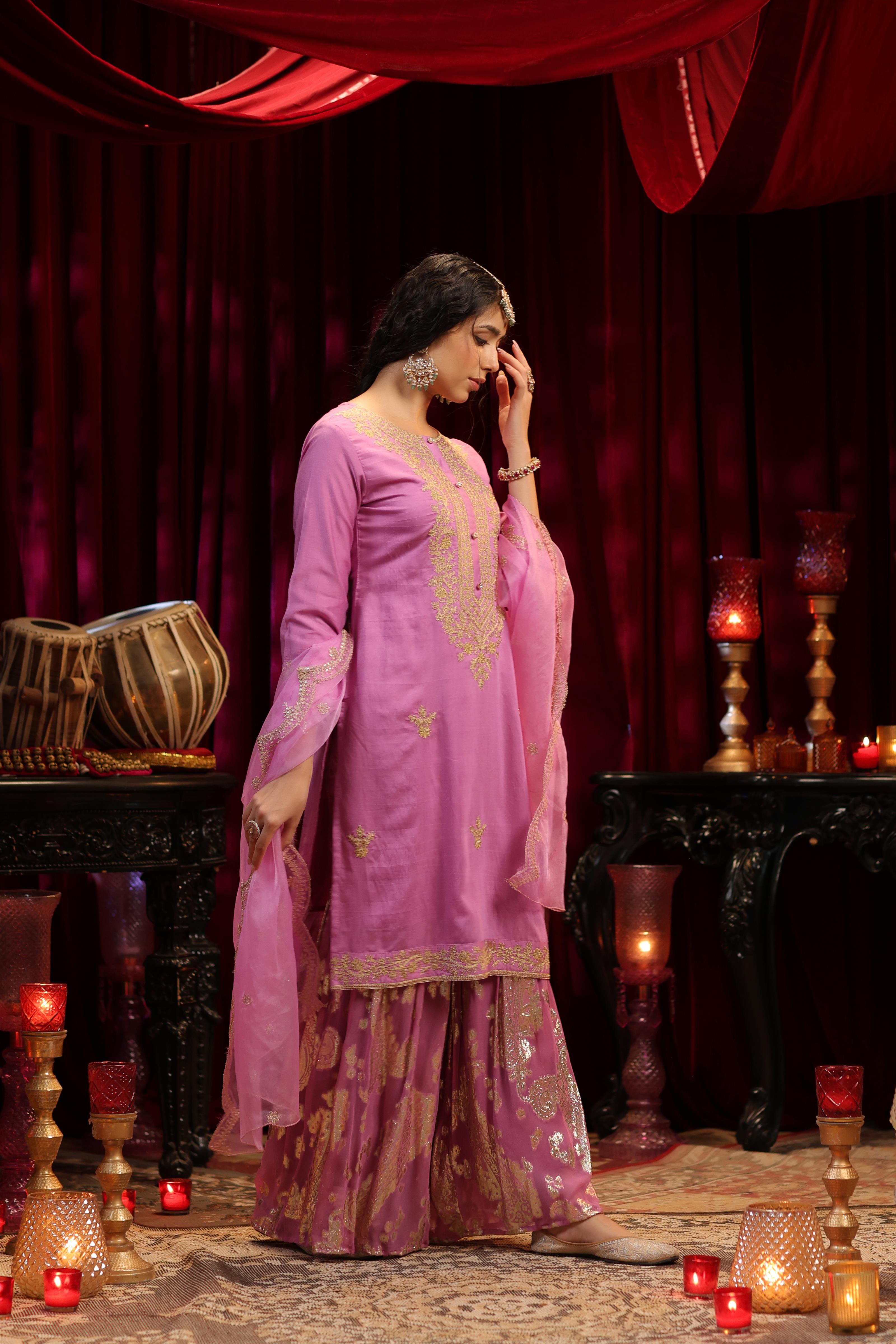 Mauve Chanderi Silk-Badla Georgette Dori Work Sharara Set