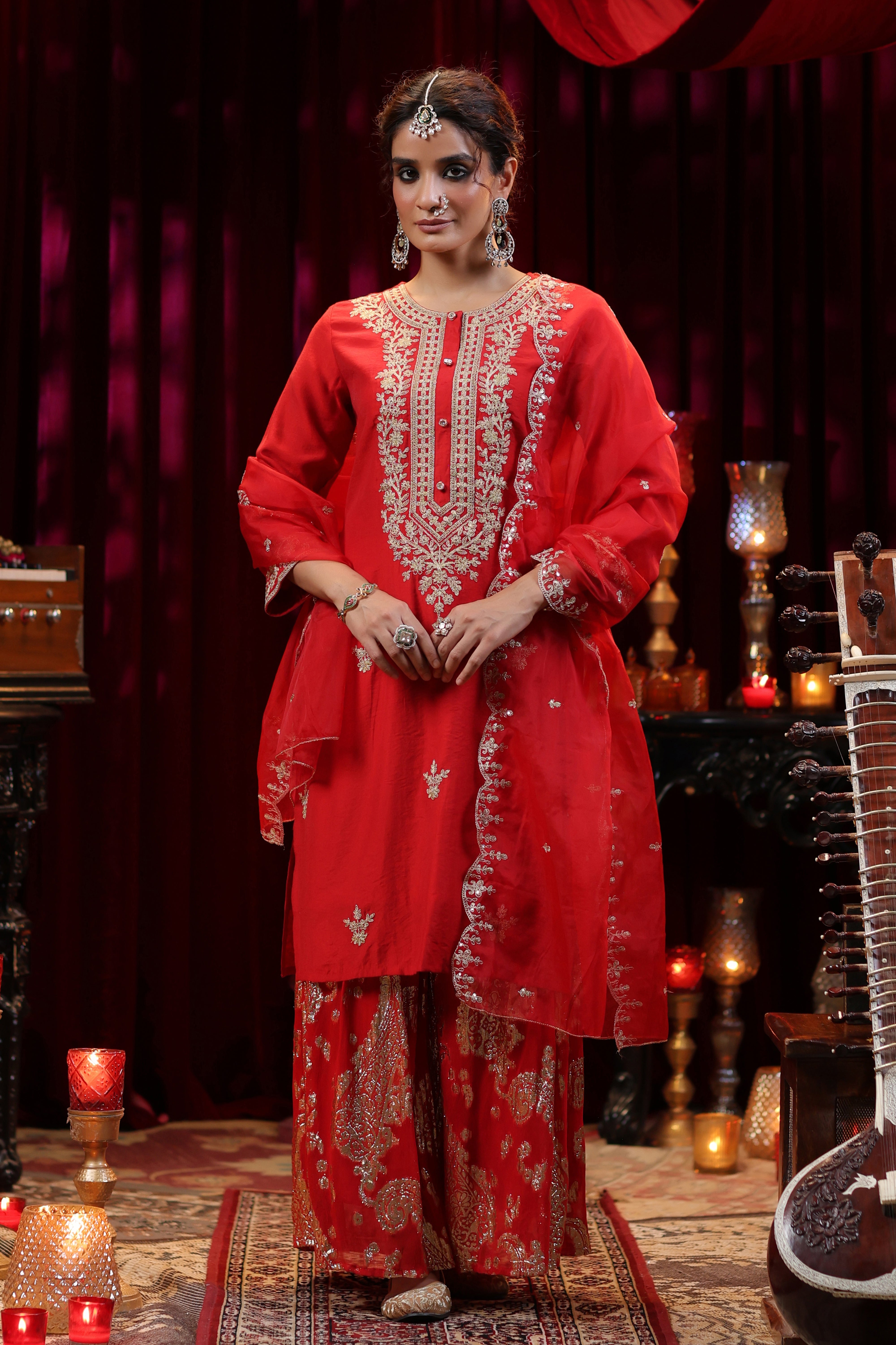 Red Chanderi Silk-Badla Georgette Dori Work Sharara Set