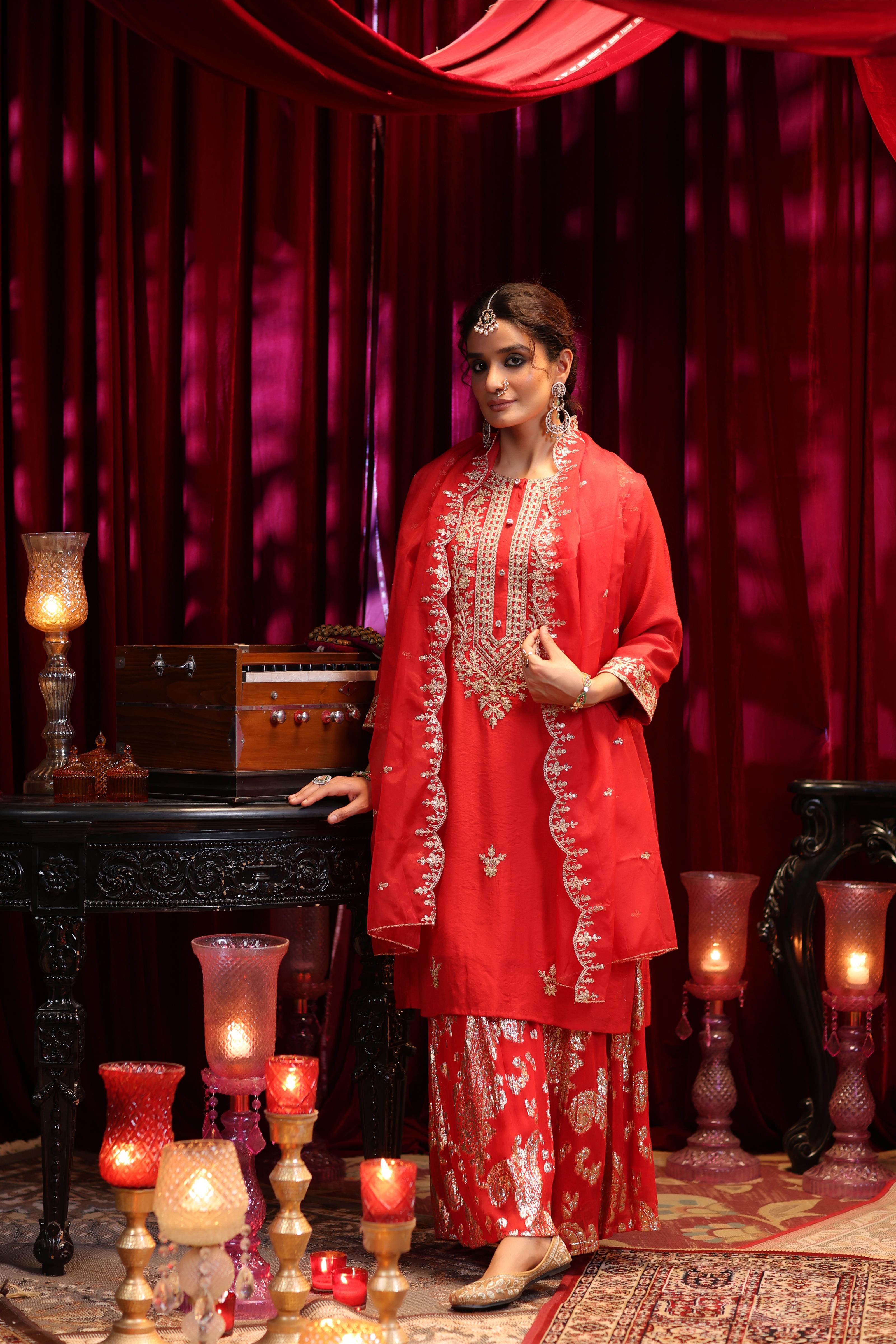 Red Chanderi Silk-Badla Georgette Dori Work Sharara Set