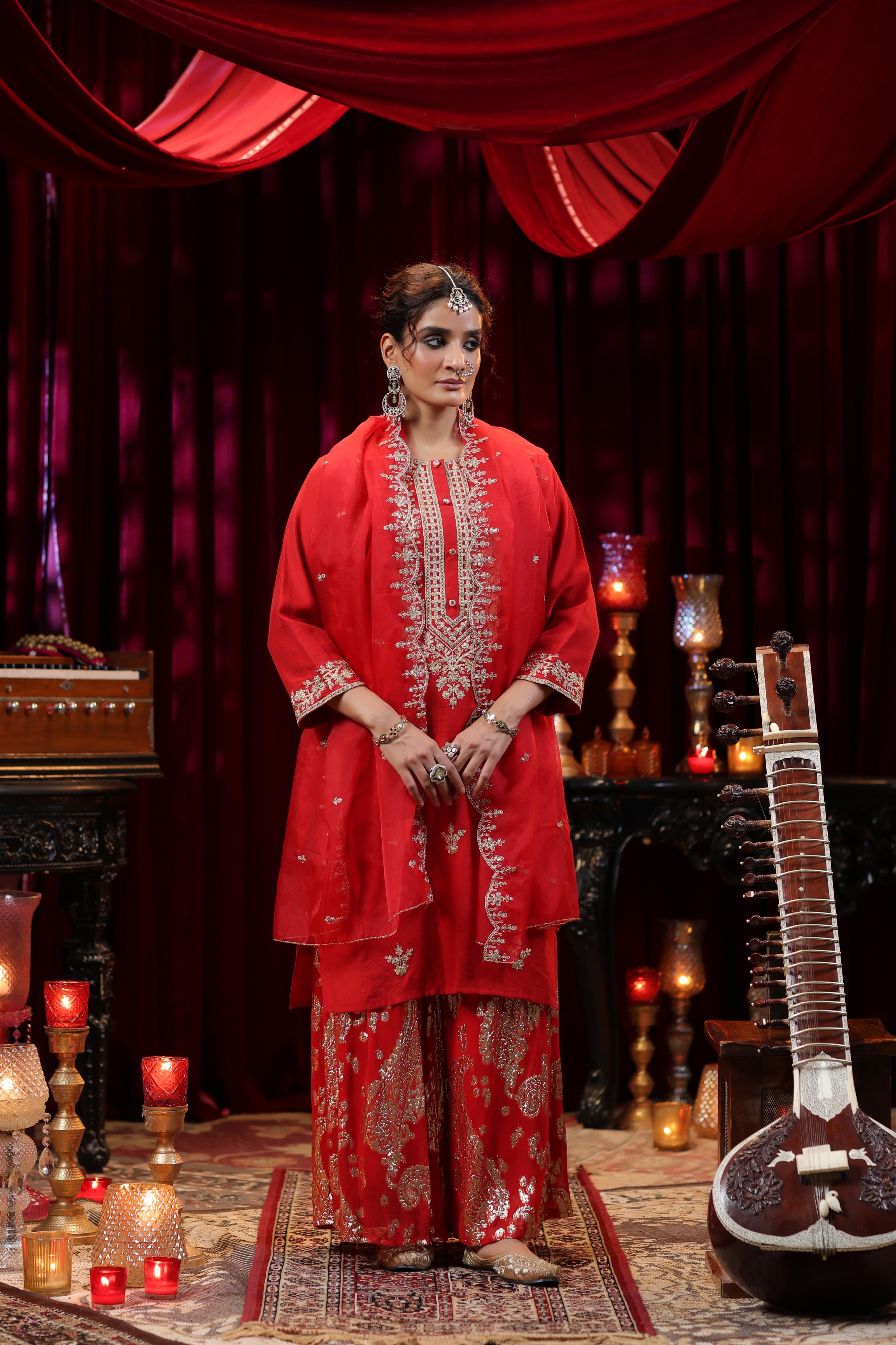 Red Chanderi Silk-Badla Georgette Dori Work Sharara Set