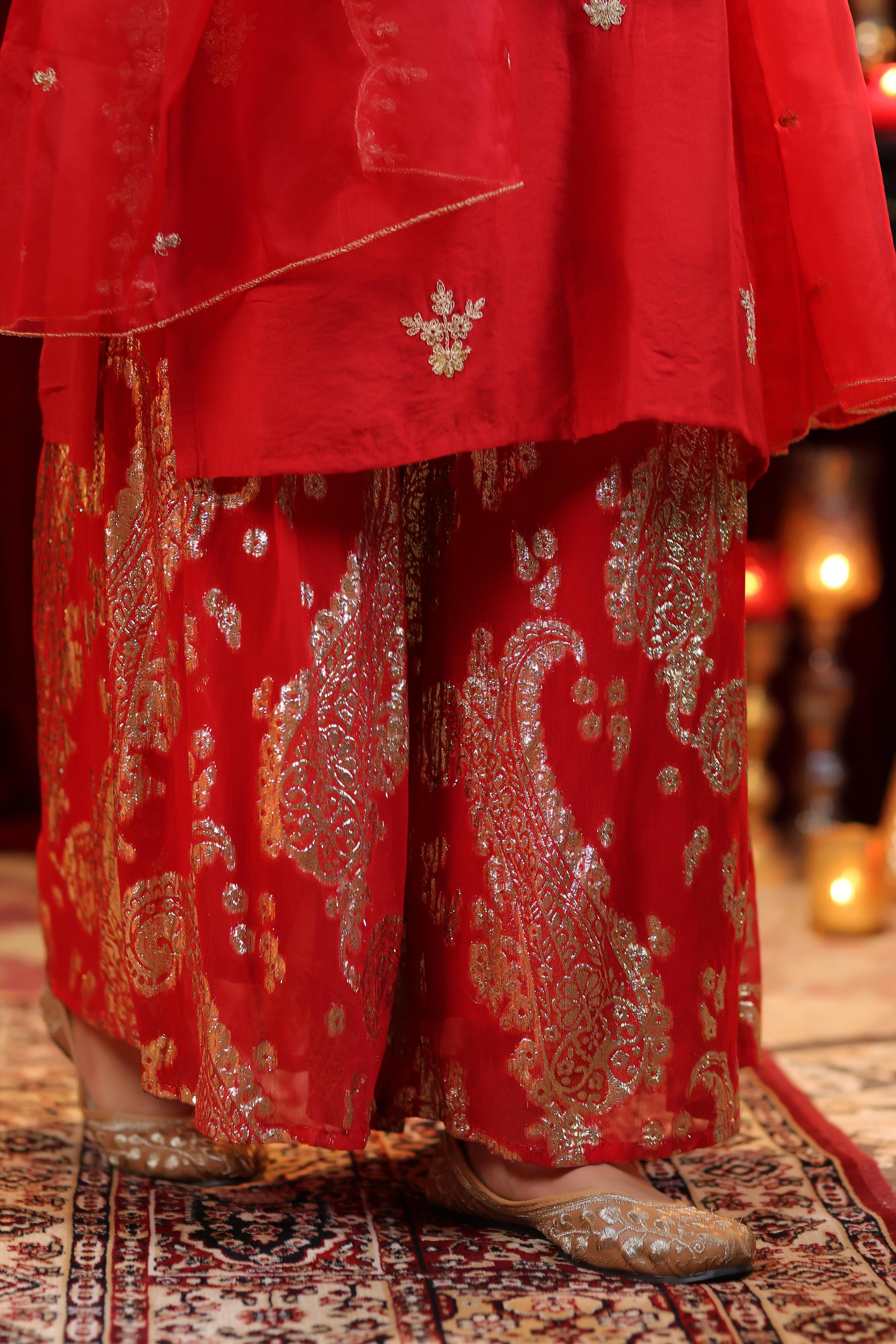 Red Chanderi Silk-Badla Georgette Dori Work Sharara Set