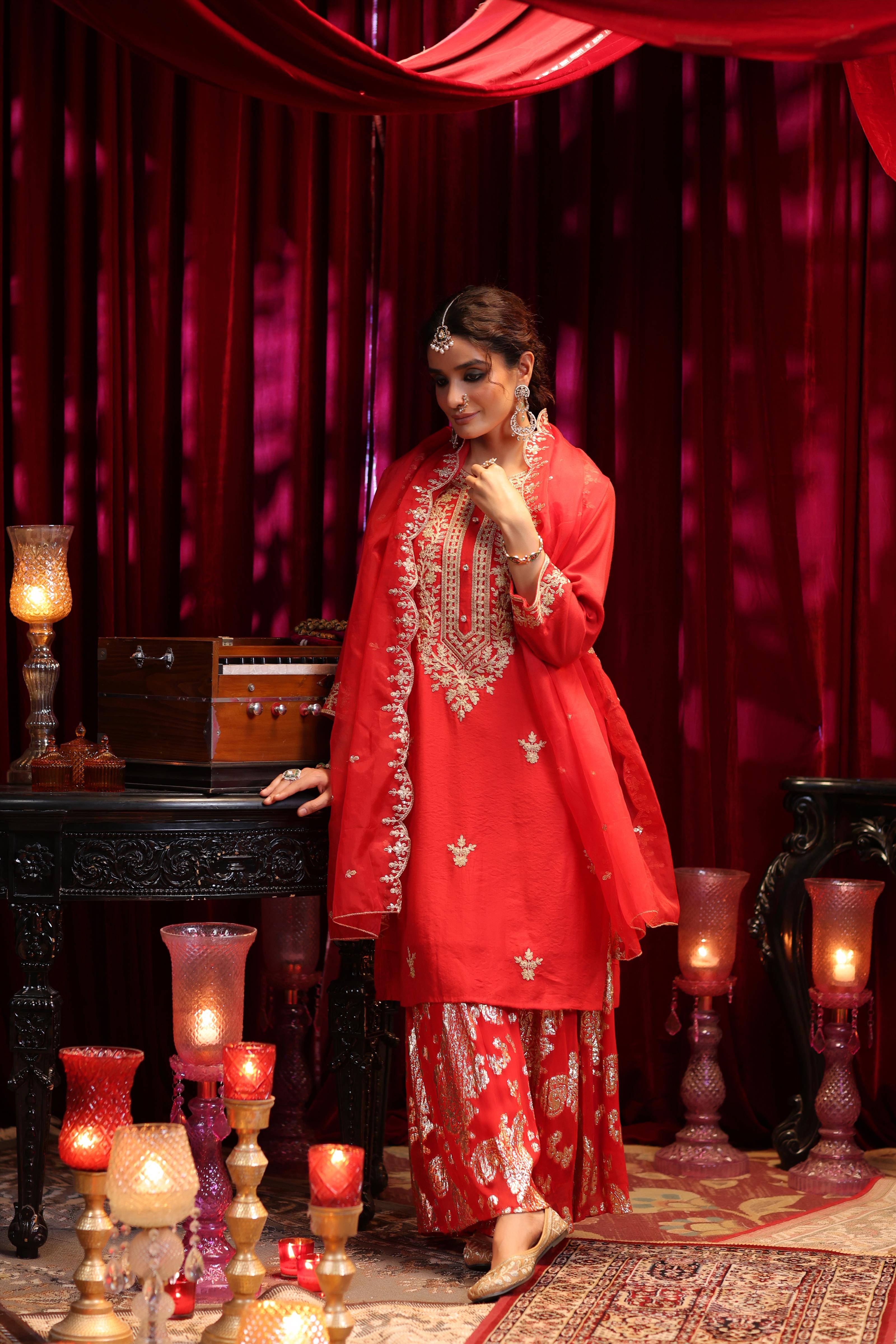 Red Chanderi Silk-Badla Georgette Dori Work Sharara Set