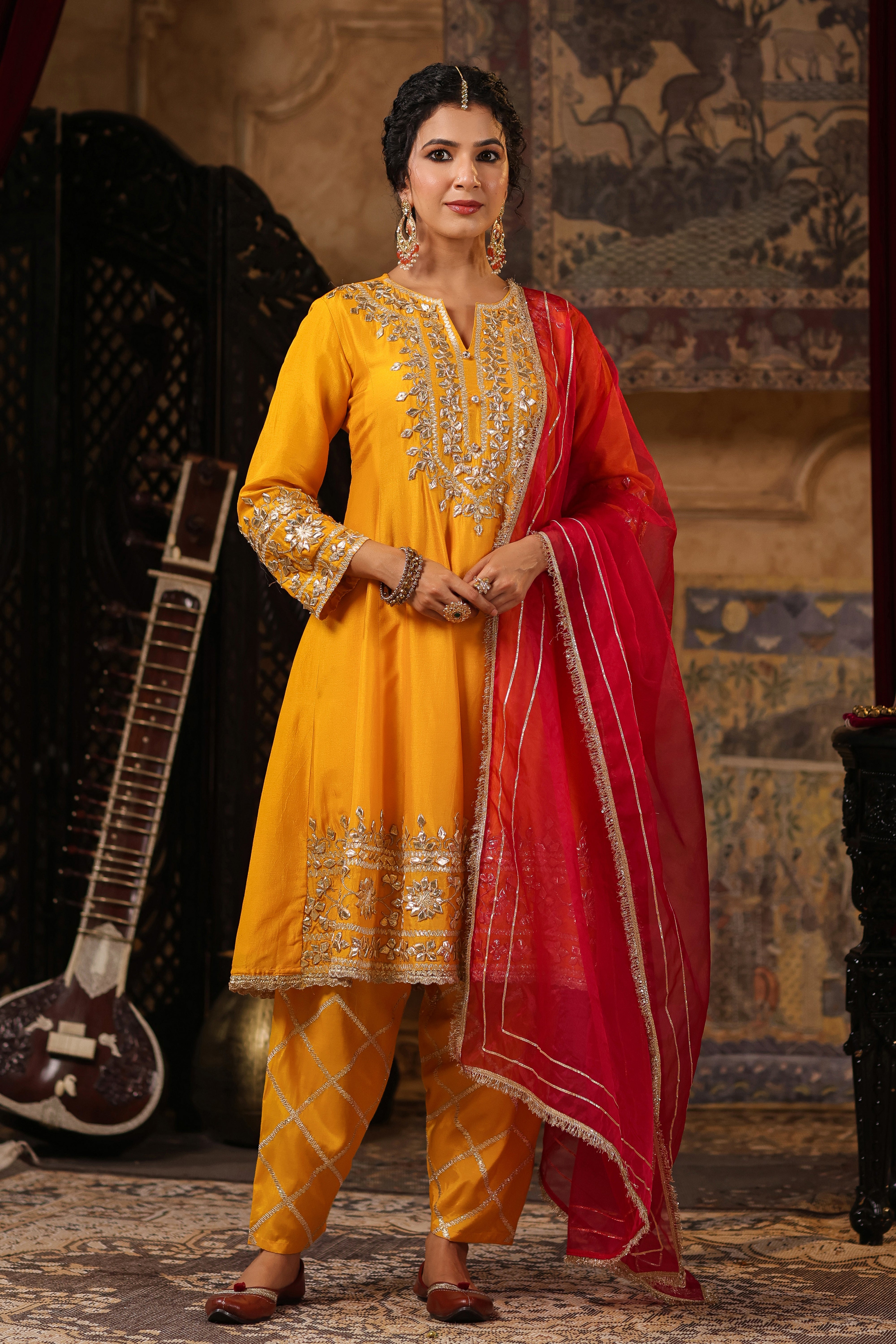 Mustard-Fuchsia Dupion Silk Gota-Dori Work Anarkali Set