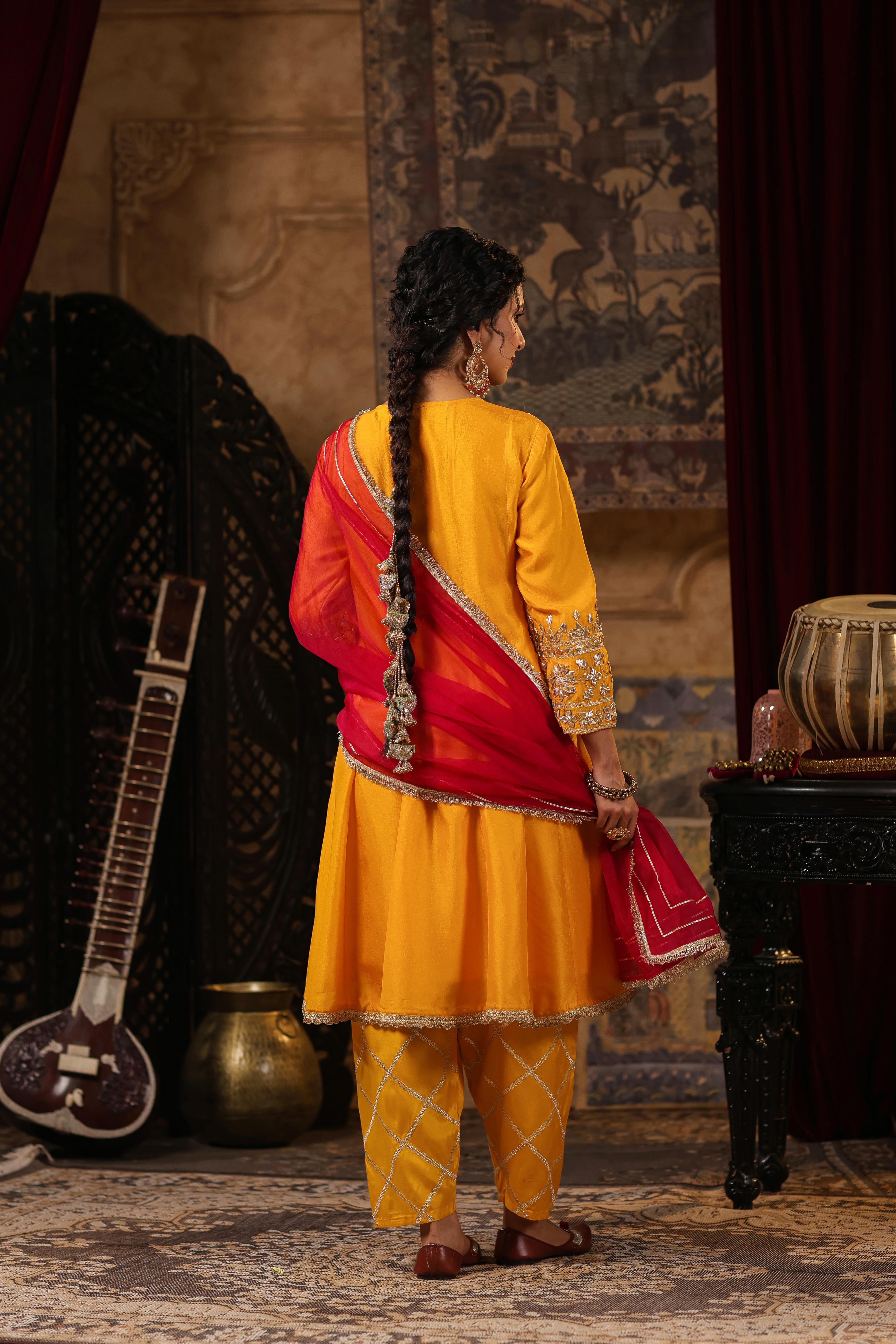 Mustard-Fuchsia Dupion Silk Gota-Dori Work Anarkali Set