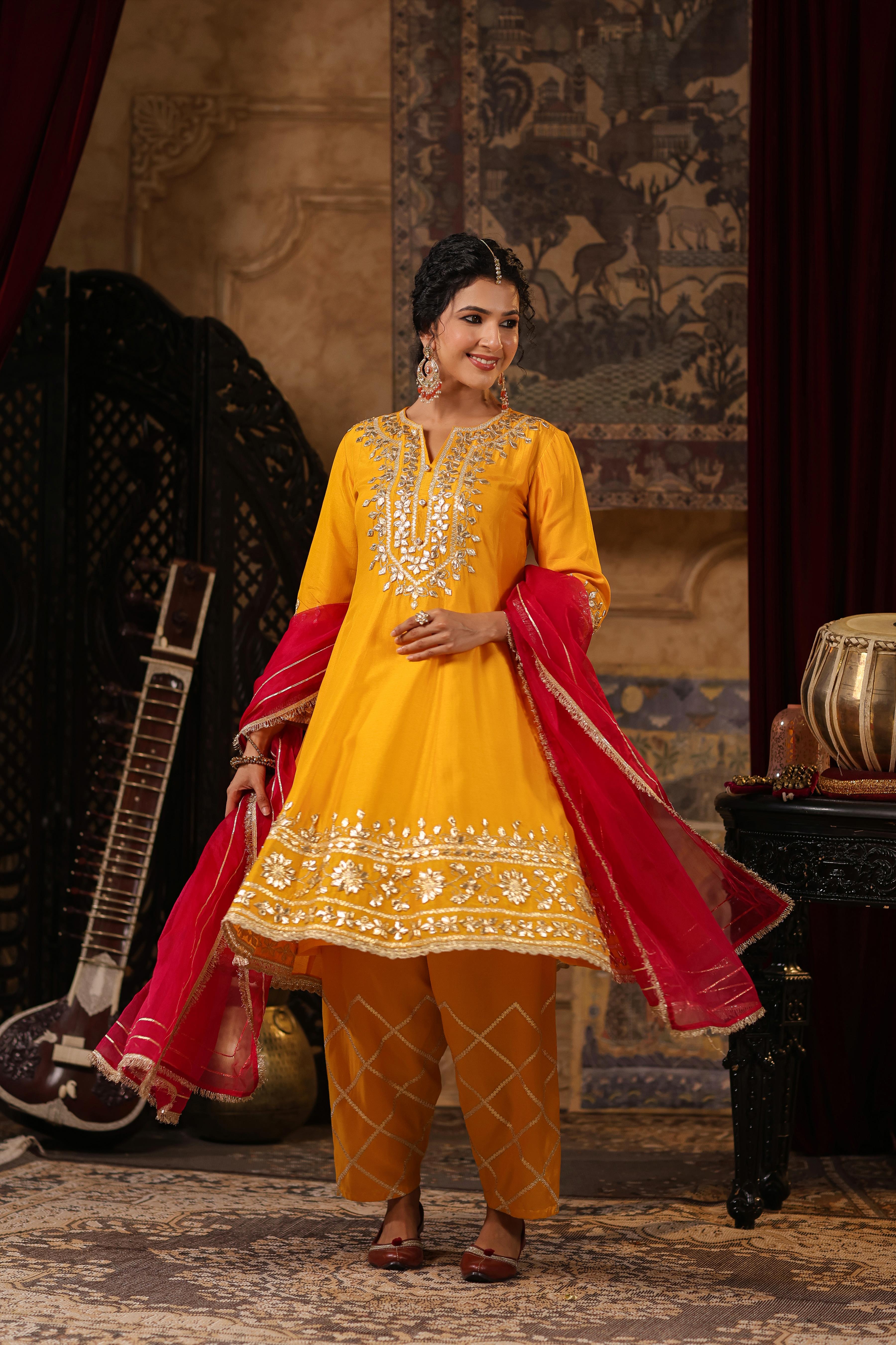 Mustard-Fuchsia Dupion Silk Gota-Dori Work Anarkali Set