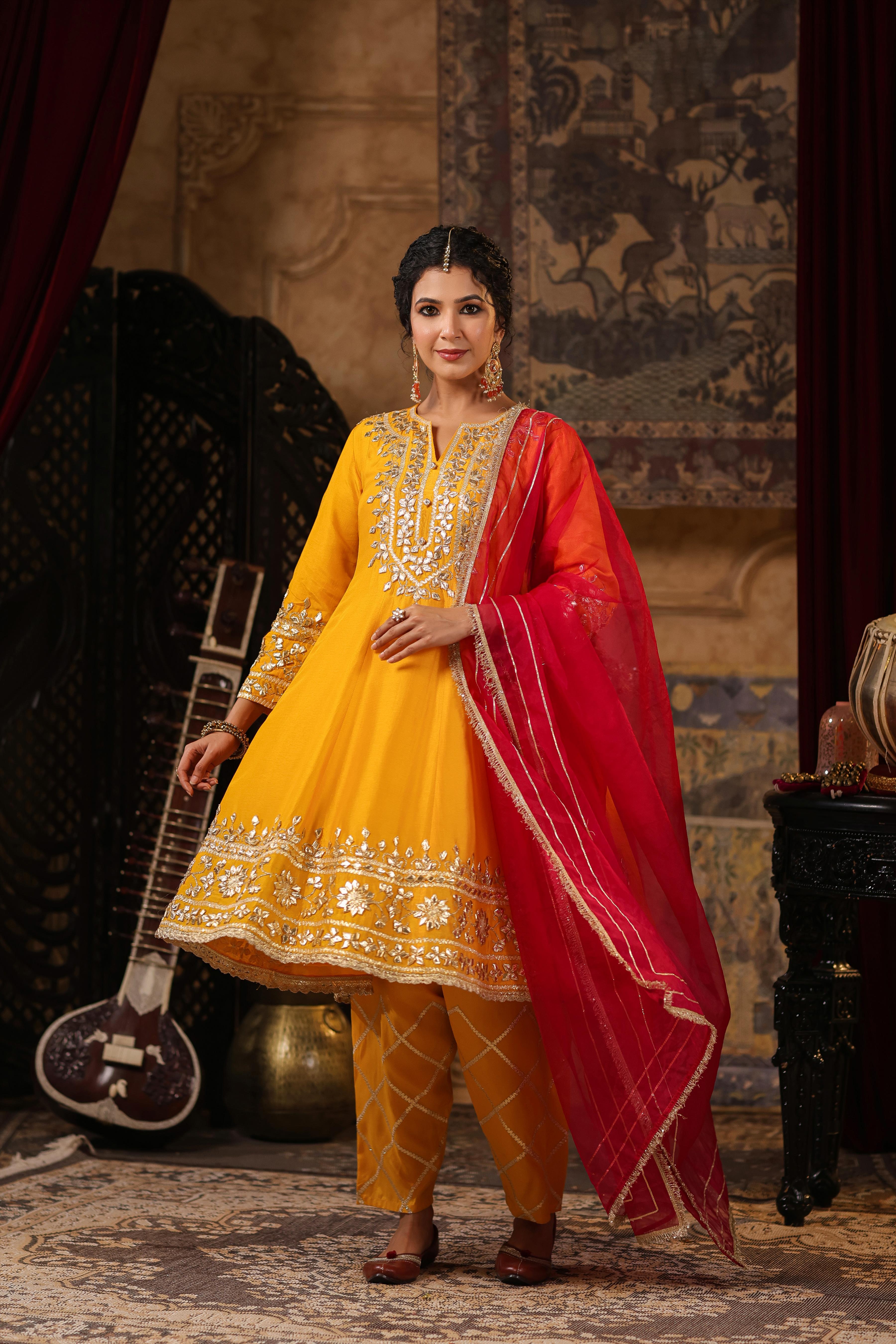 Mustard-Fuchsia Dupion Silk Gota-Dori Work Anarkali Set