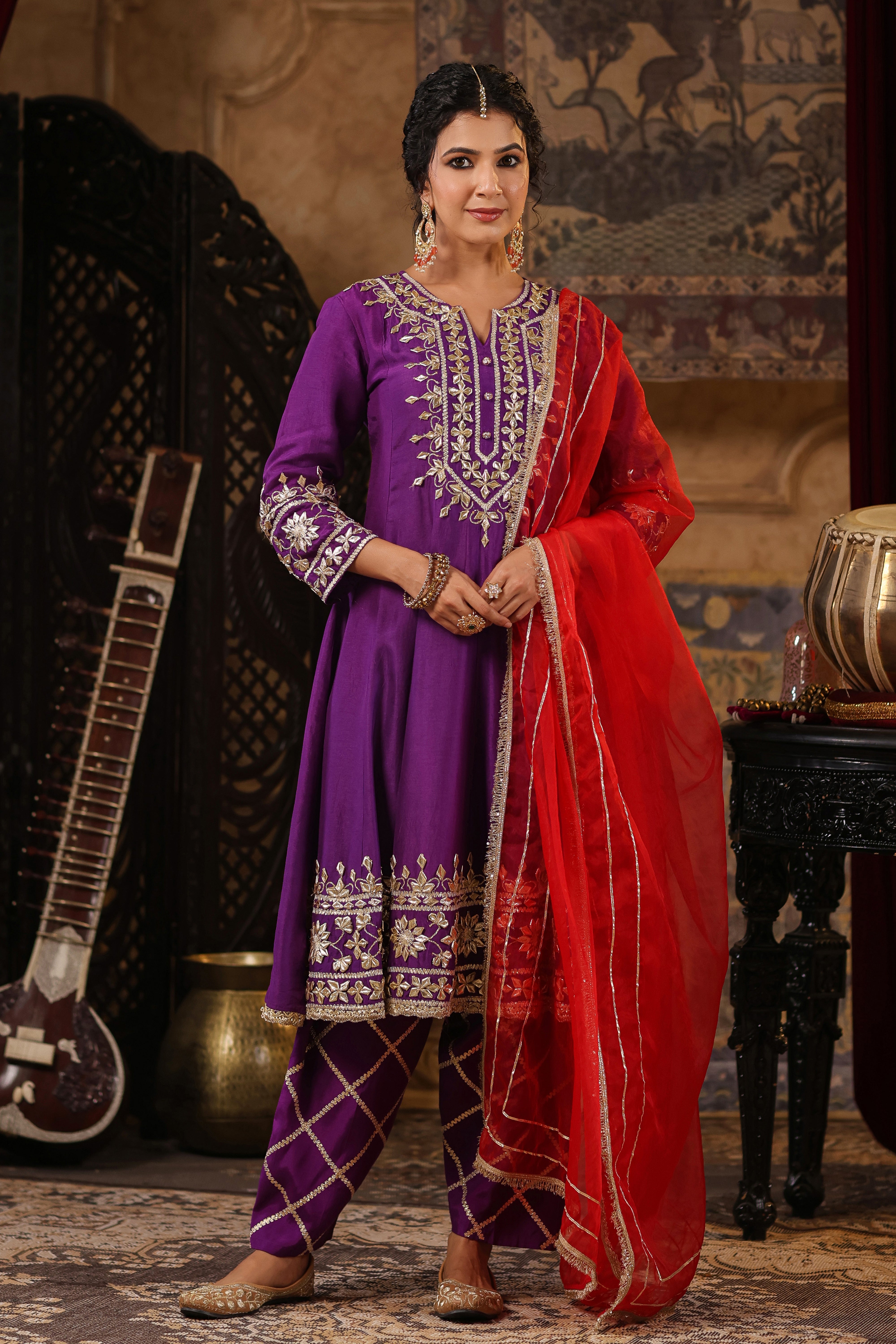 Purple-Red Dupion Silk Gota-Dori Work Anarkali Set