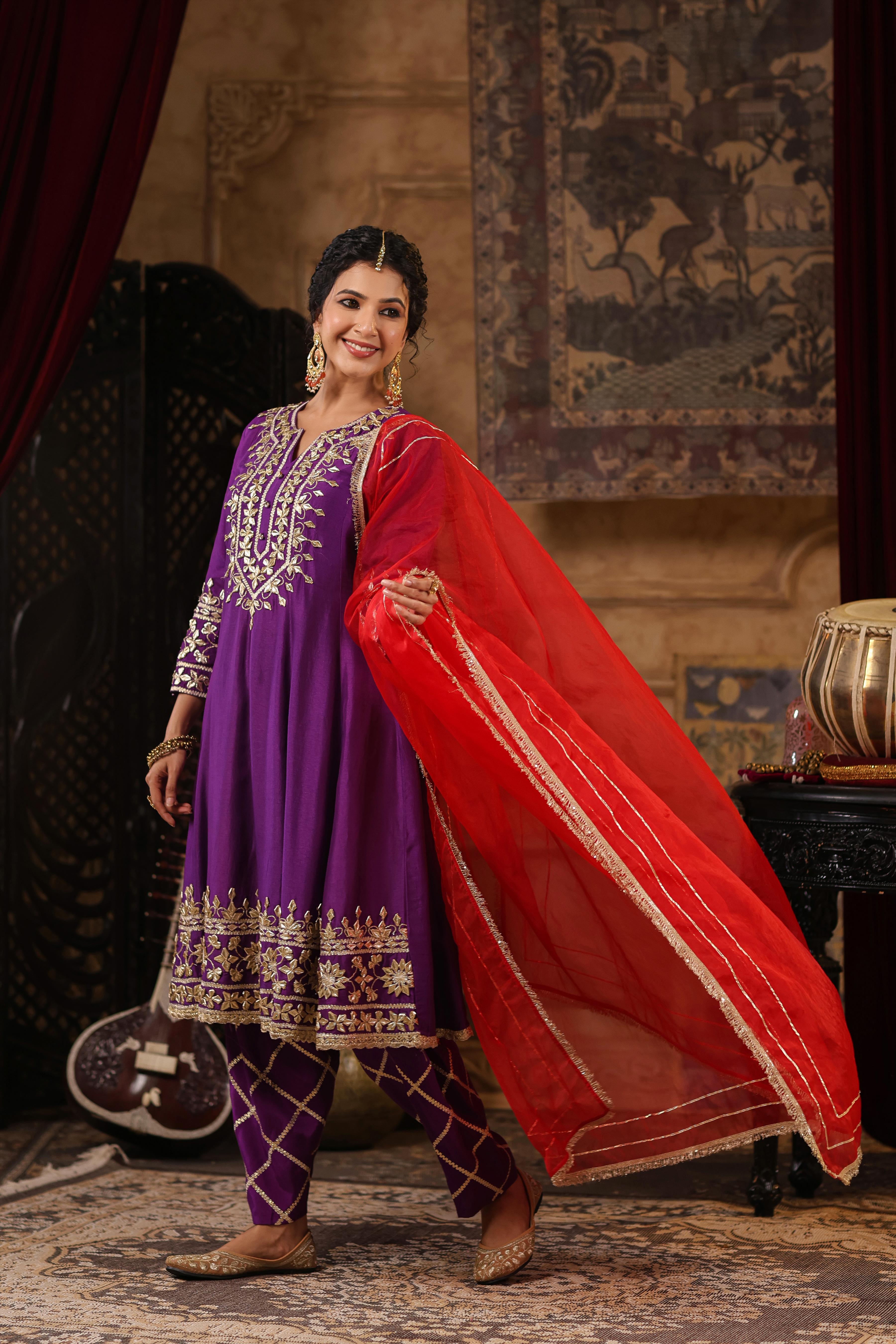 Purple-Red Dupion Silk Gota-Dori Work Anarkali Set