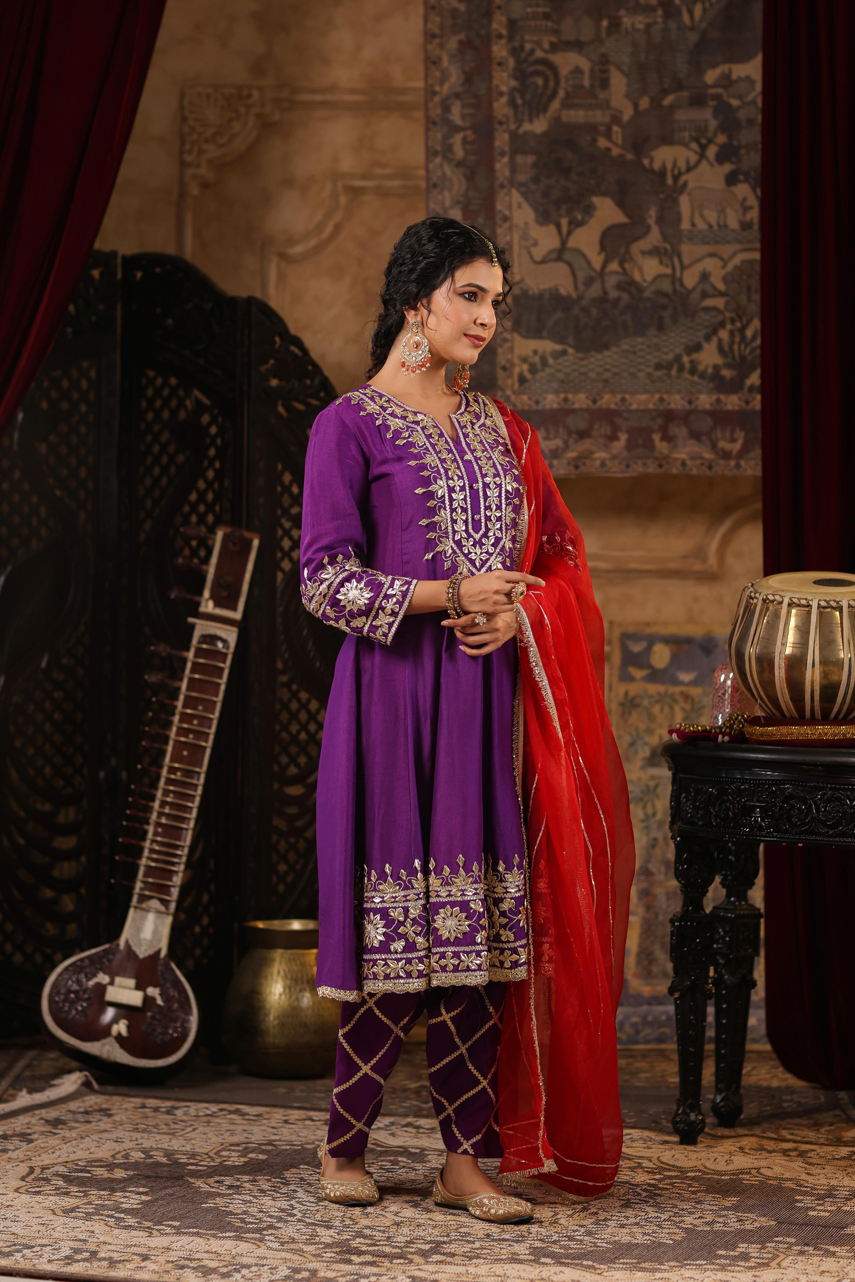 Purple-Red Dupion Silk Gota-Dori Work Anarkali Set