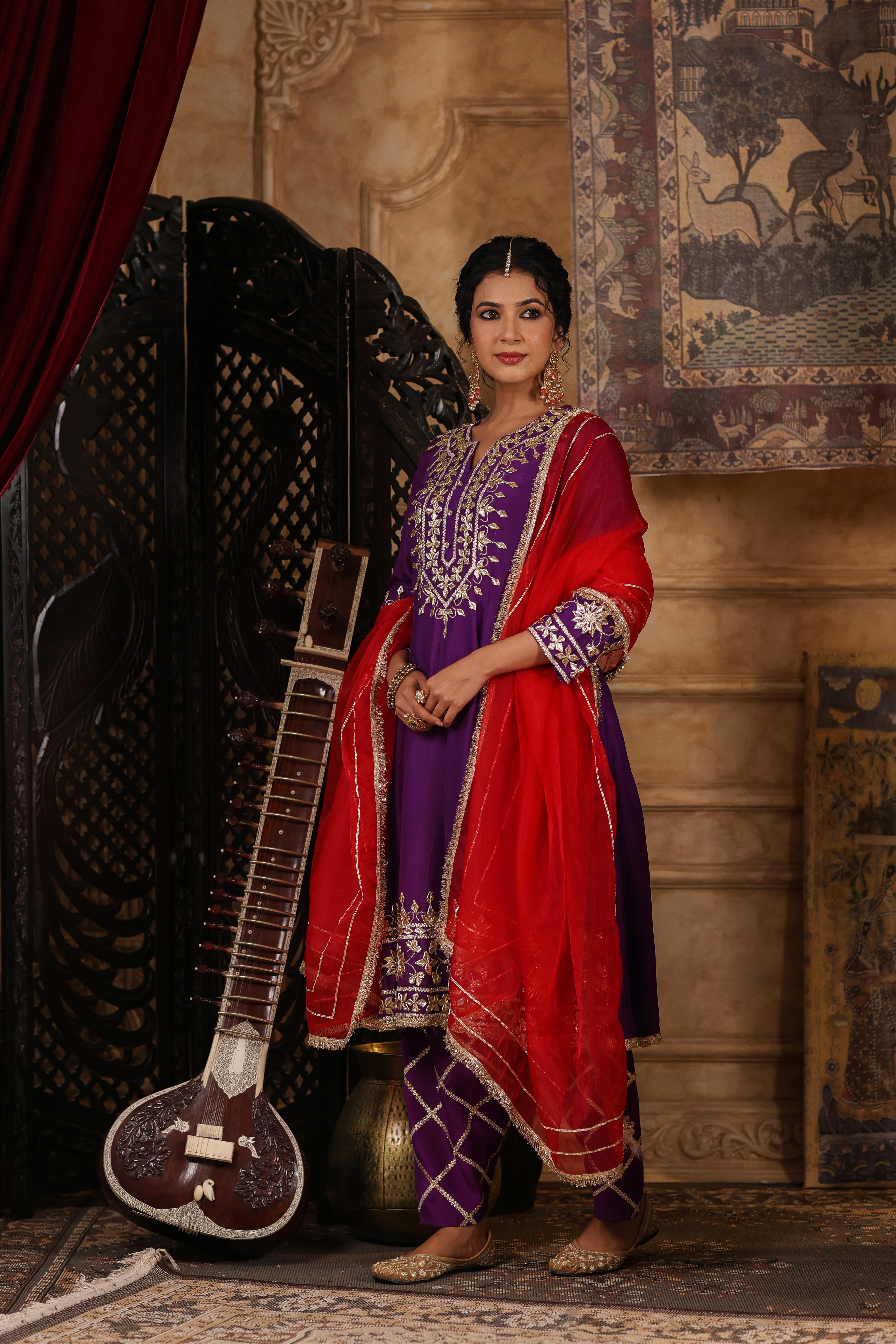 Purple-Red Dupion Silk Gota-Dori Work Anarkali Set