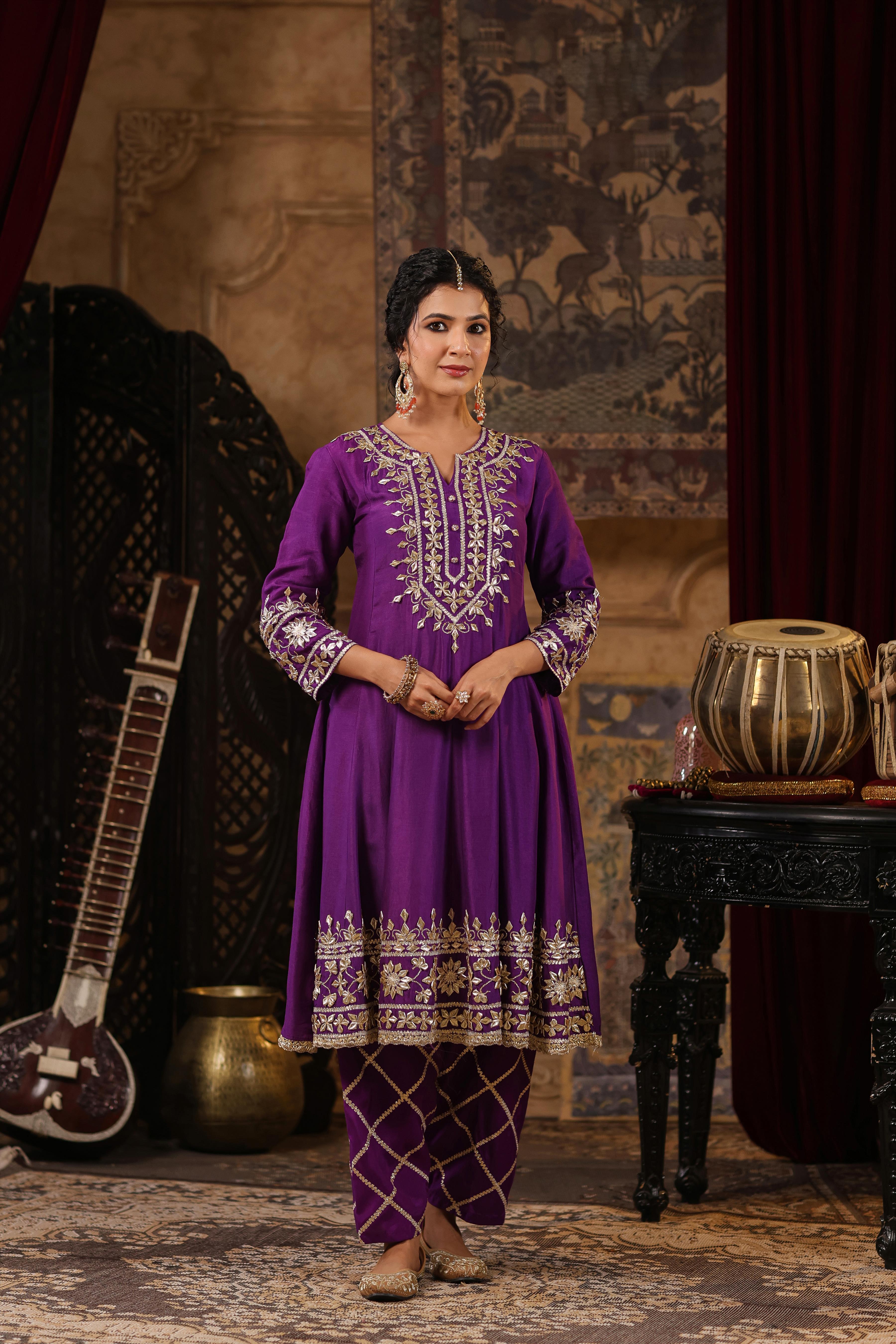 Purple-Red Dupion Silk Gota-Dori Work Anarkali Set