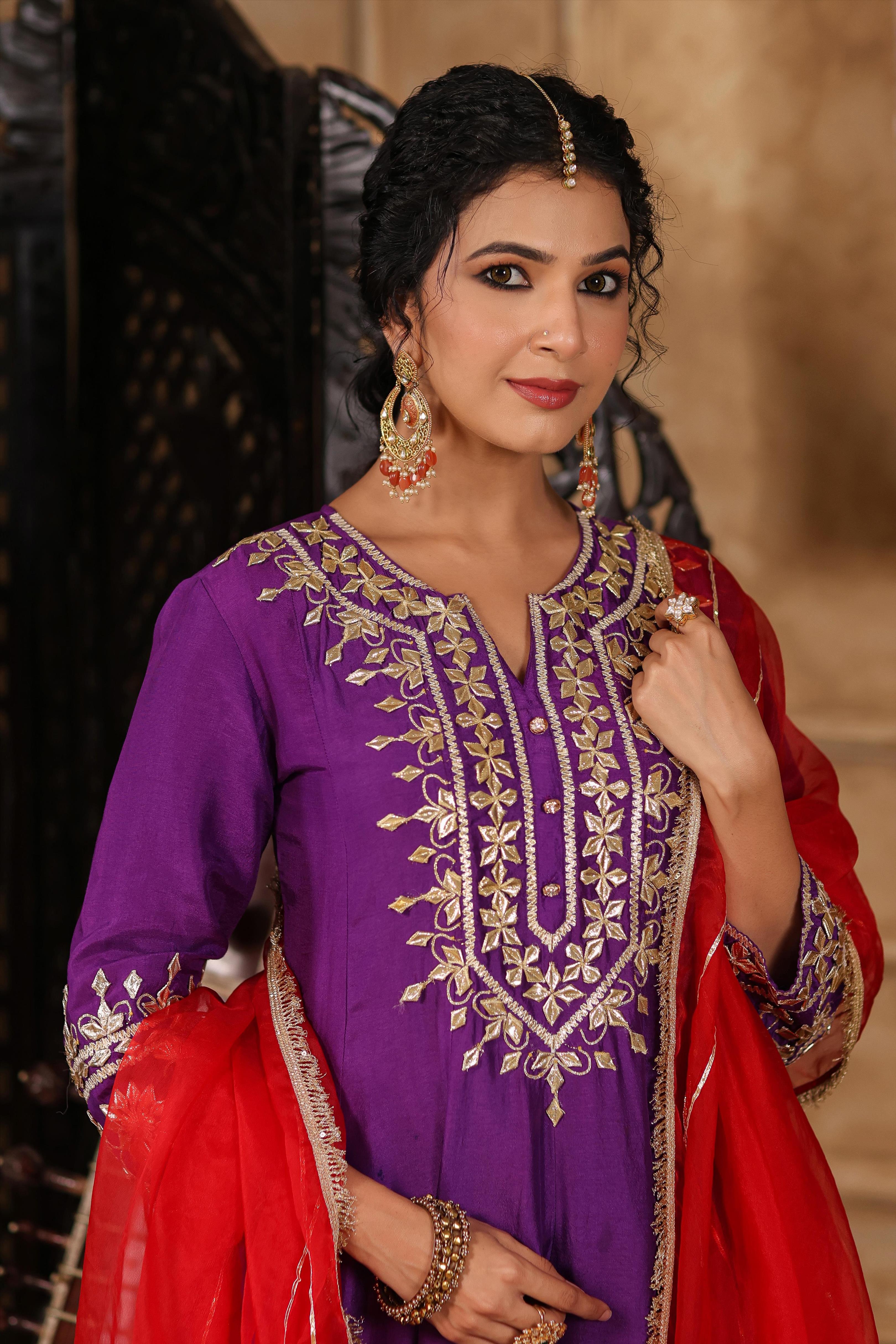 Purple-Red Dupion Silk Gota-Dori Work Anarkali Set