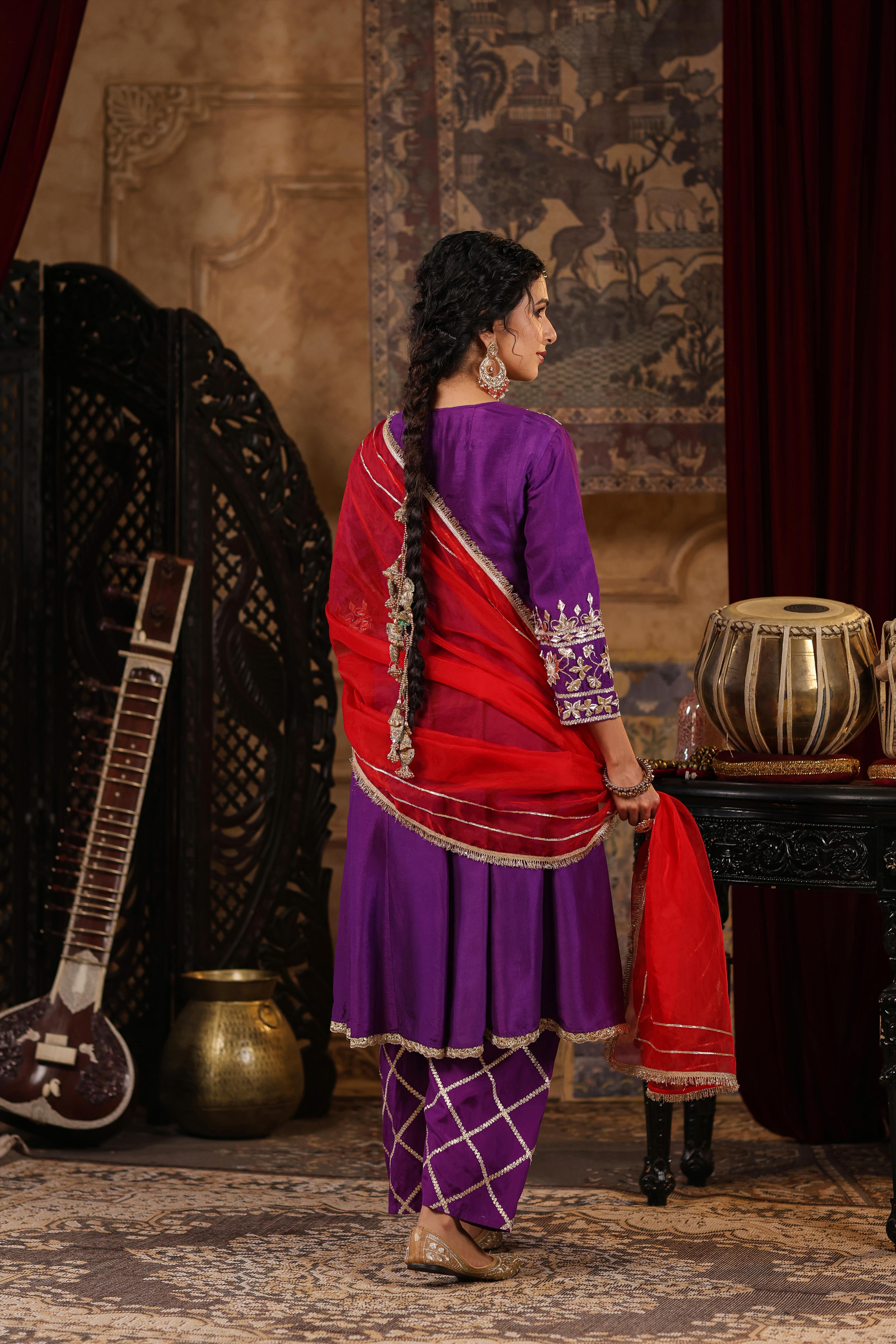 Purple-Red Dupion Silk Gota-Dori Work Anarkali Set