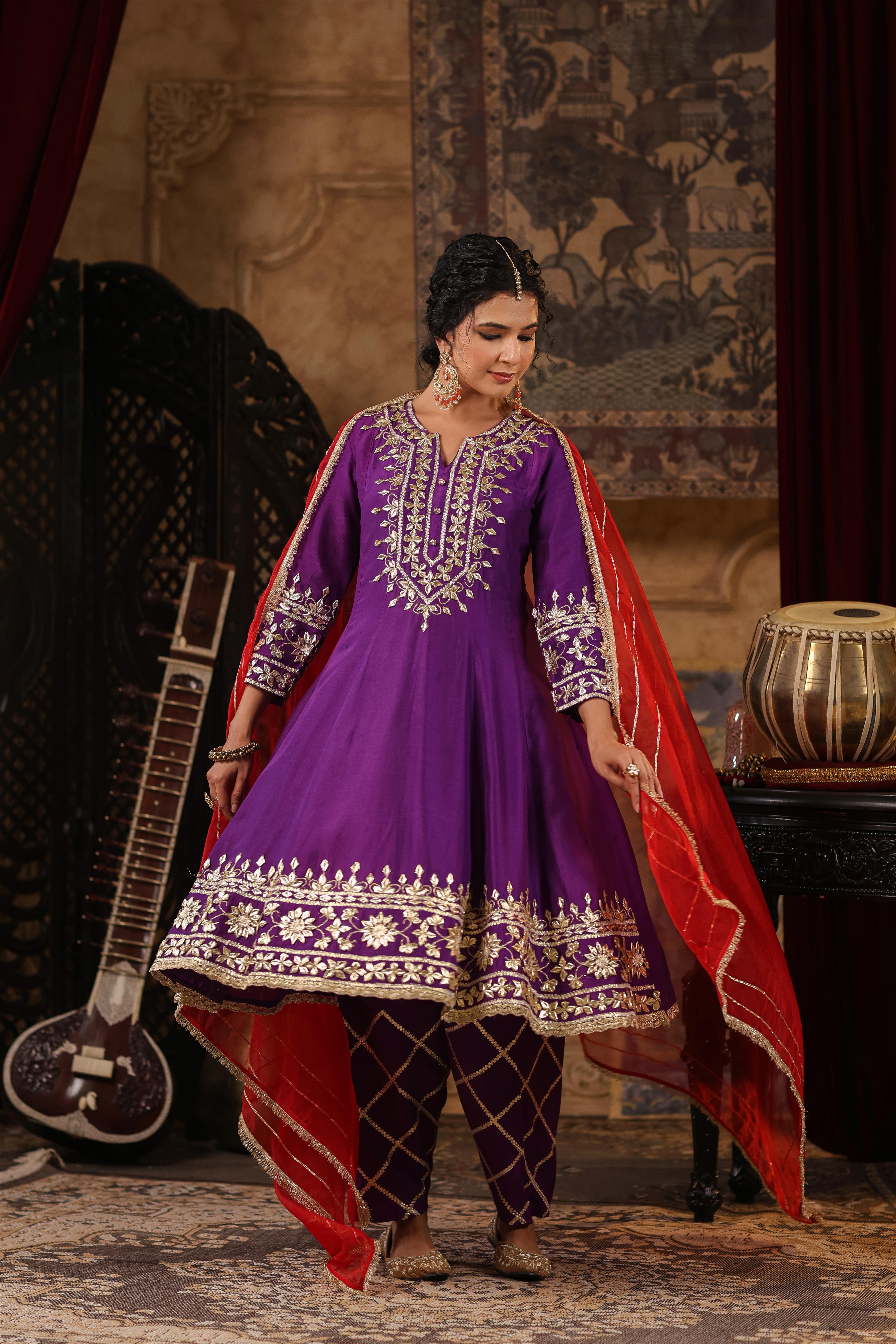 Purple-Red Dupion Silk Gota-Dori Work Anarkali Set