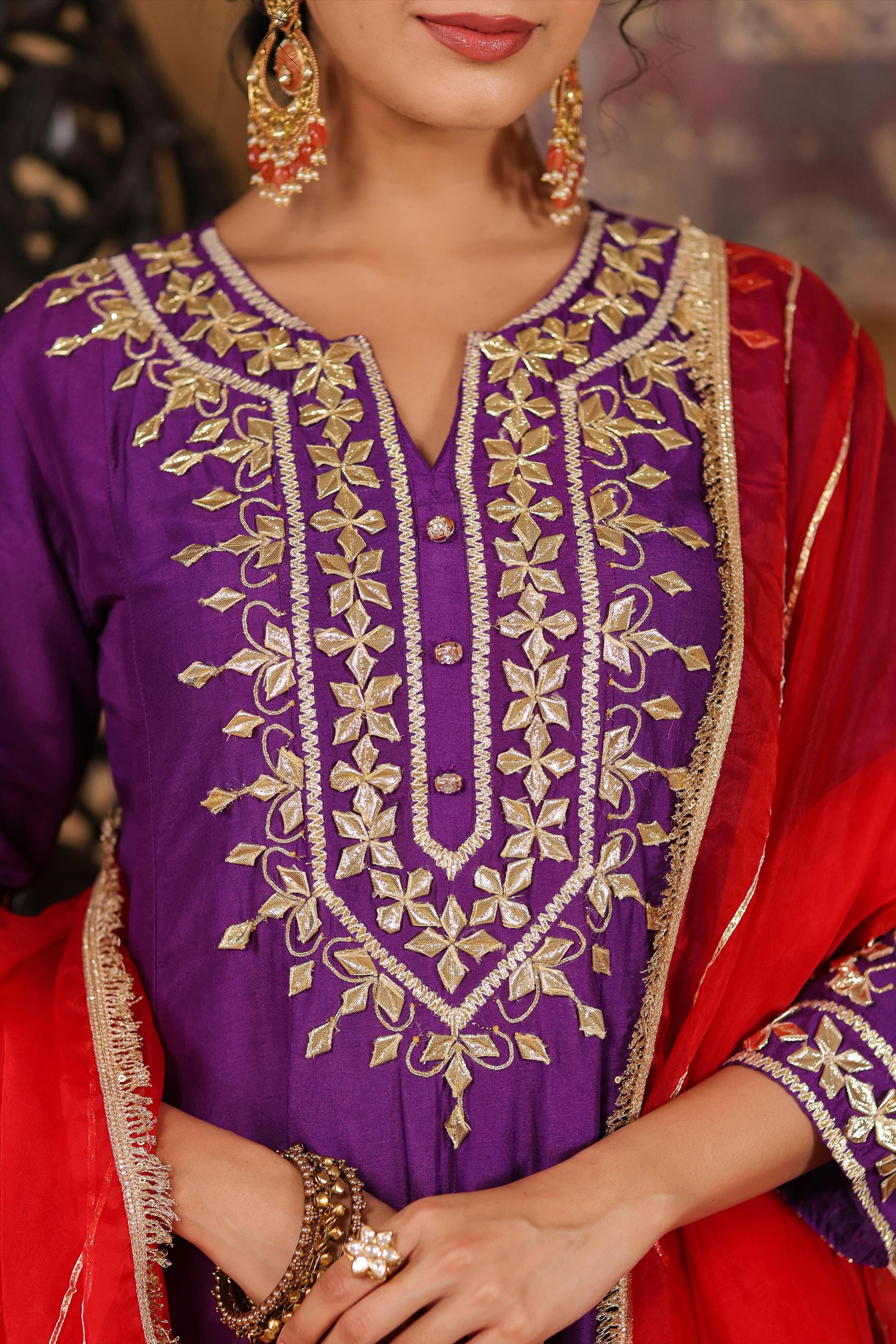 Purple-Red Dupion Silk Gota-Dori Work Anarkali Set