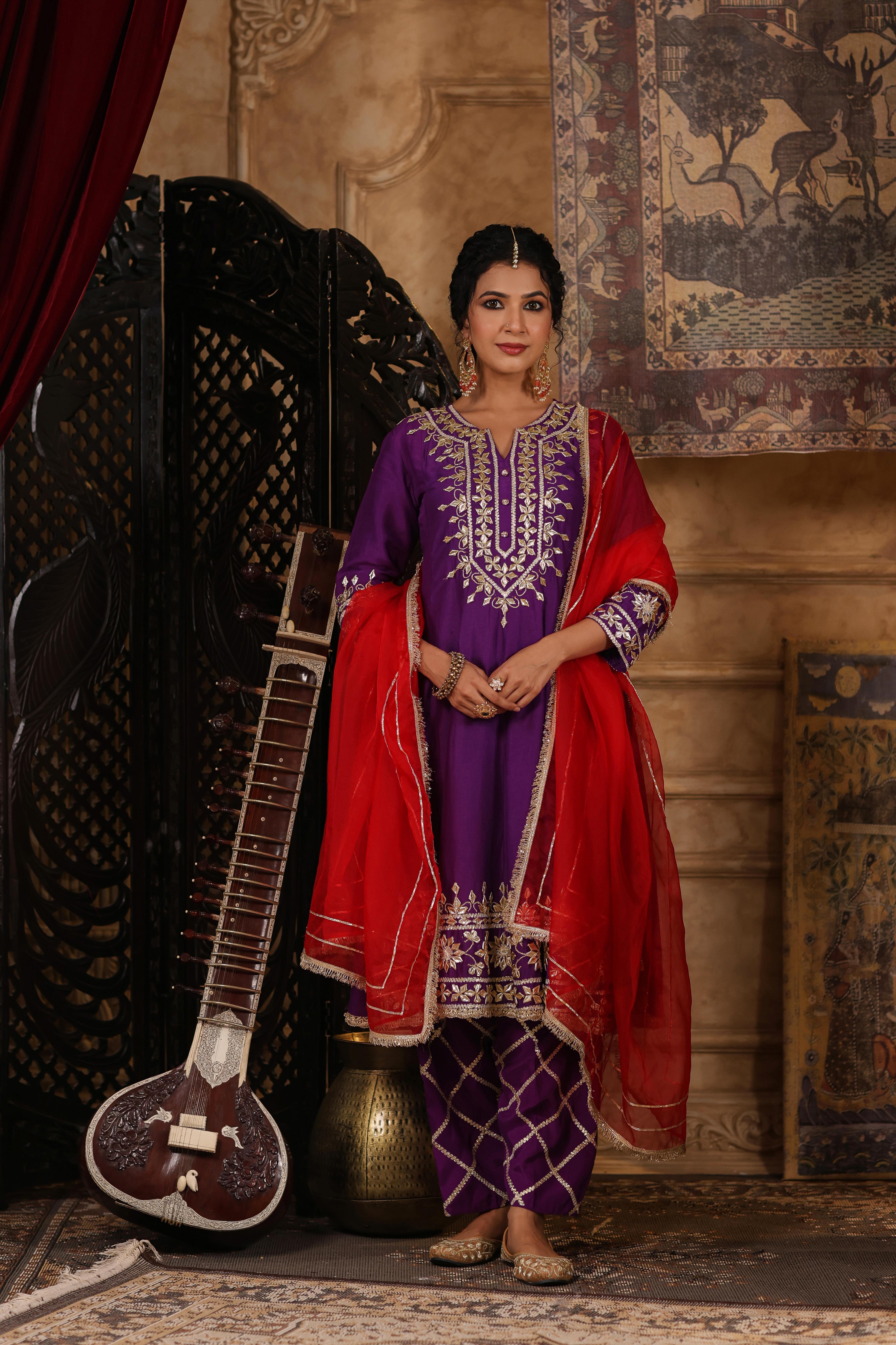 Purple-Red Dupion Silk Gota-Dori Work Anarkali Set