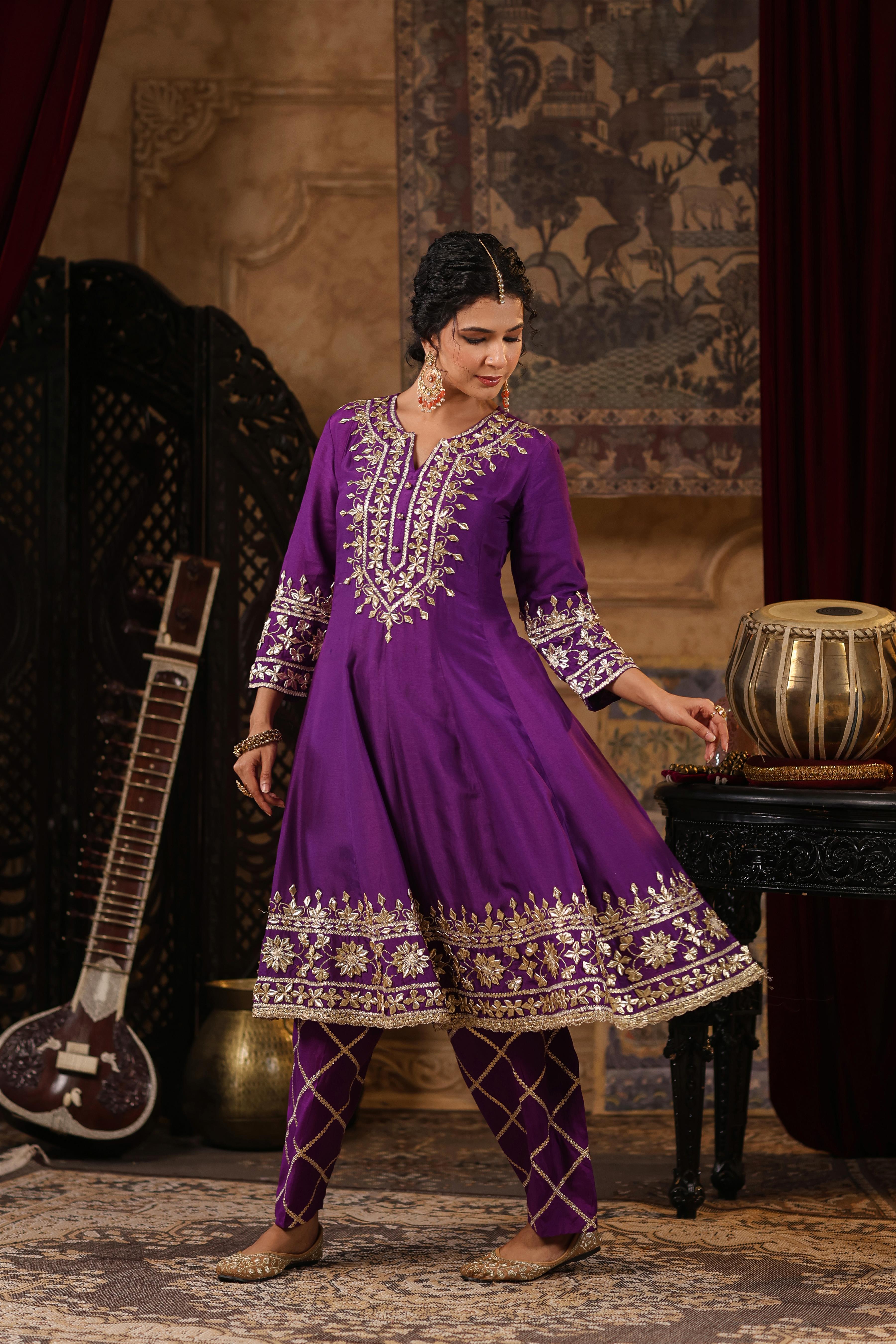 Purple-Red Dupion Silk Gota-Dori Work Anarkali Set