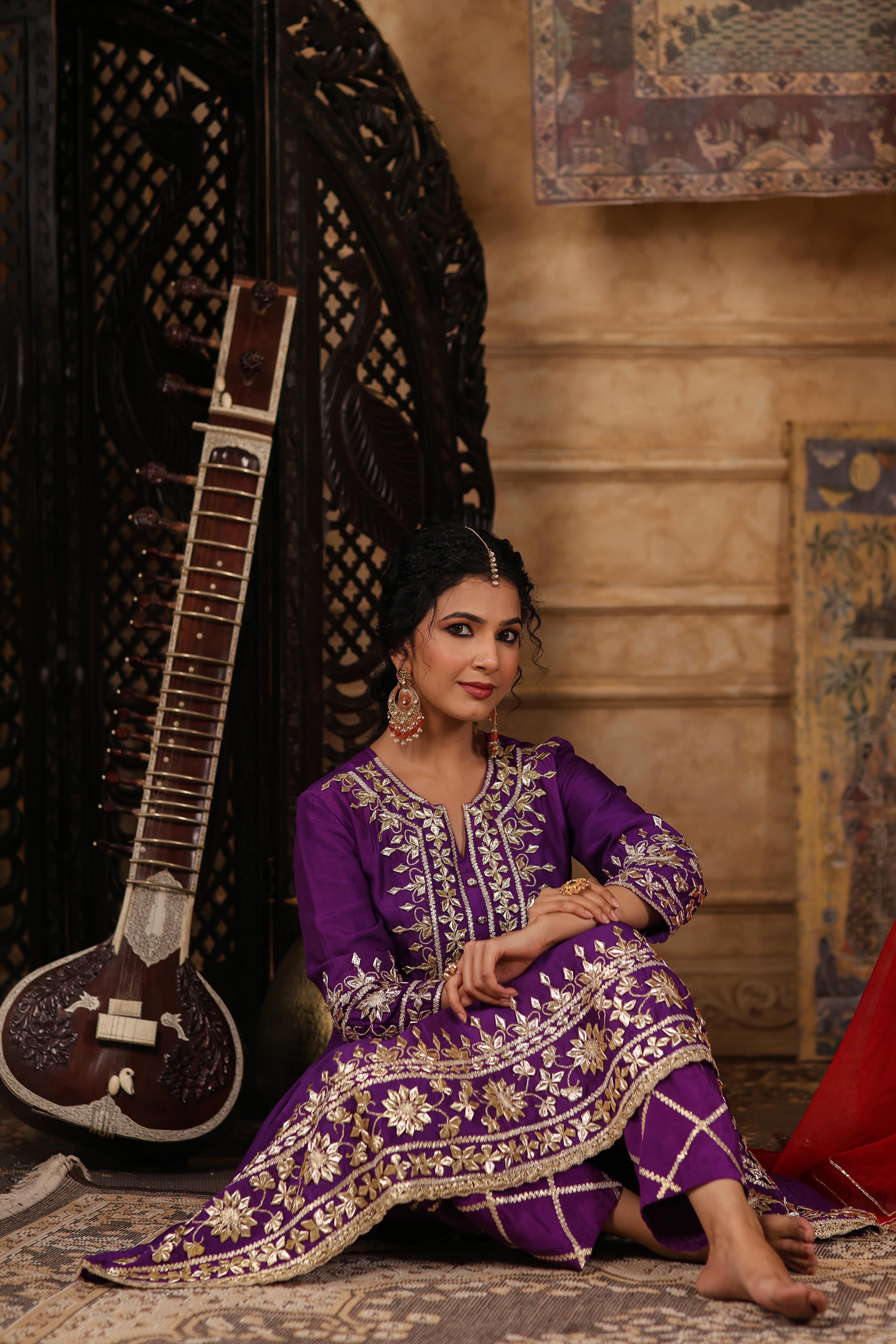 Purple-Red Dupion Silk Gota-Dori Work Anarkali Set