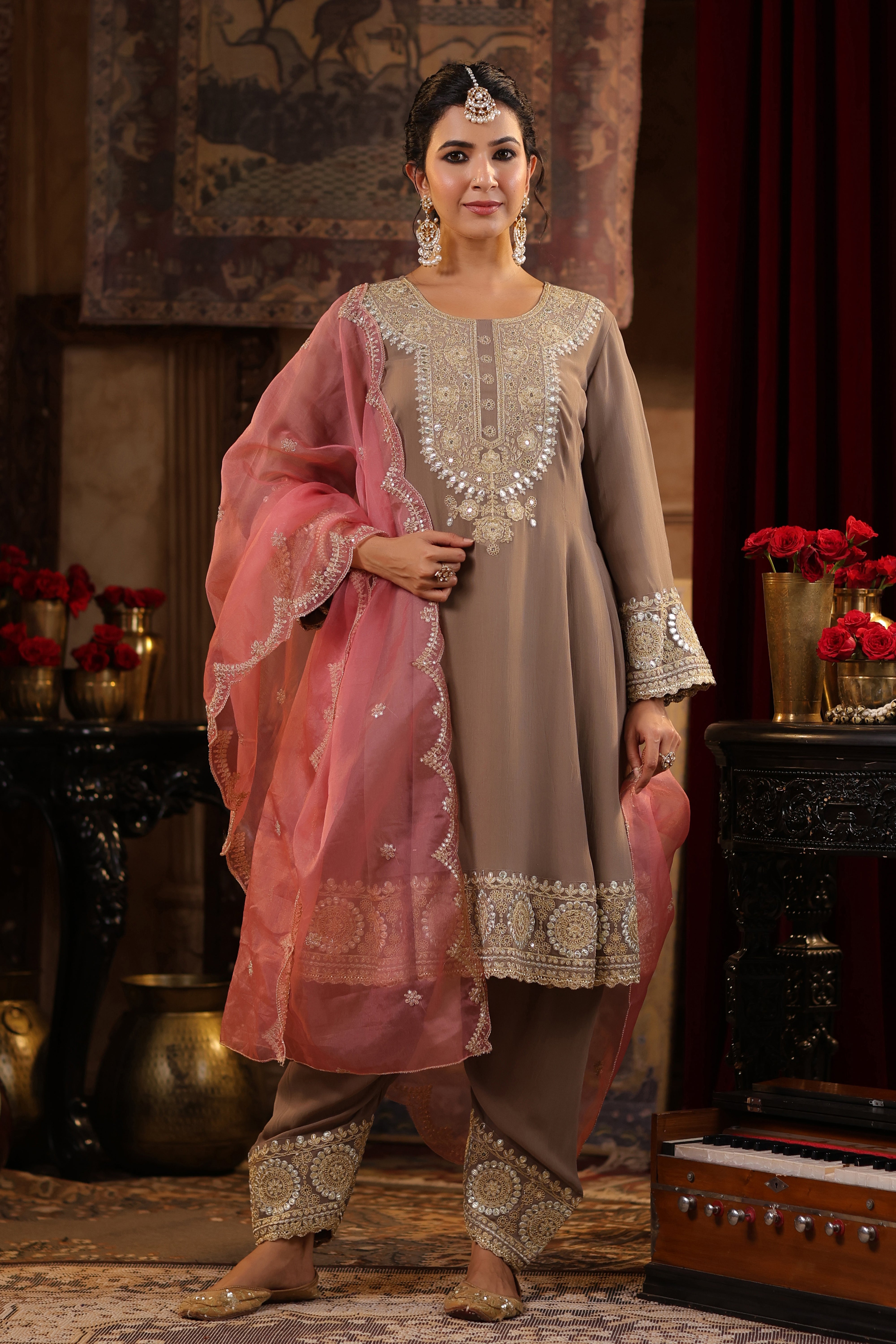 Taupe-Rose Pink Georgette Dori-Gota Work Anarkali Set