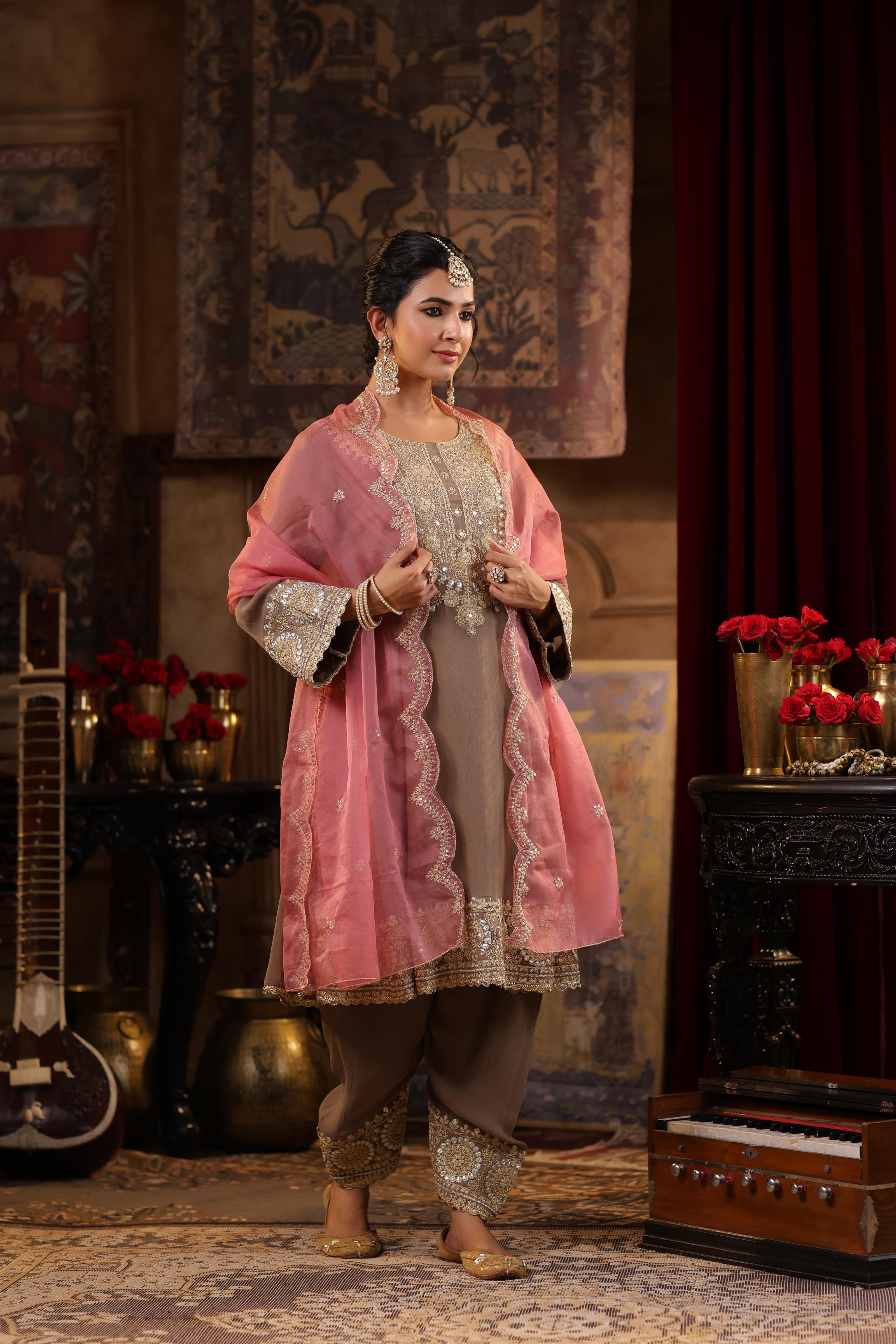 Taupe-Rose Pink Georgette Dori-Gota Work Anarkali Set