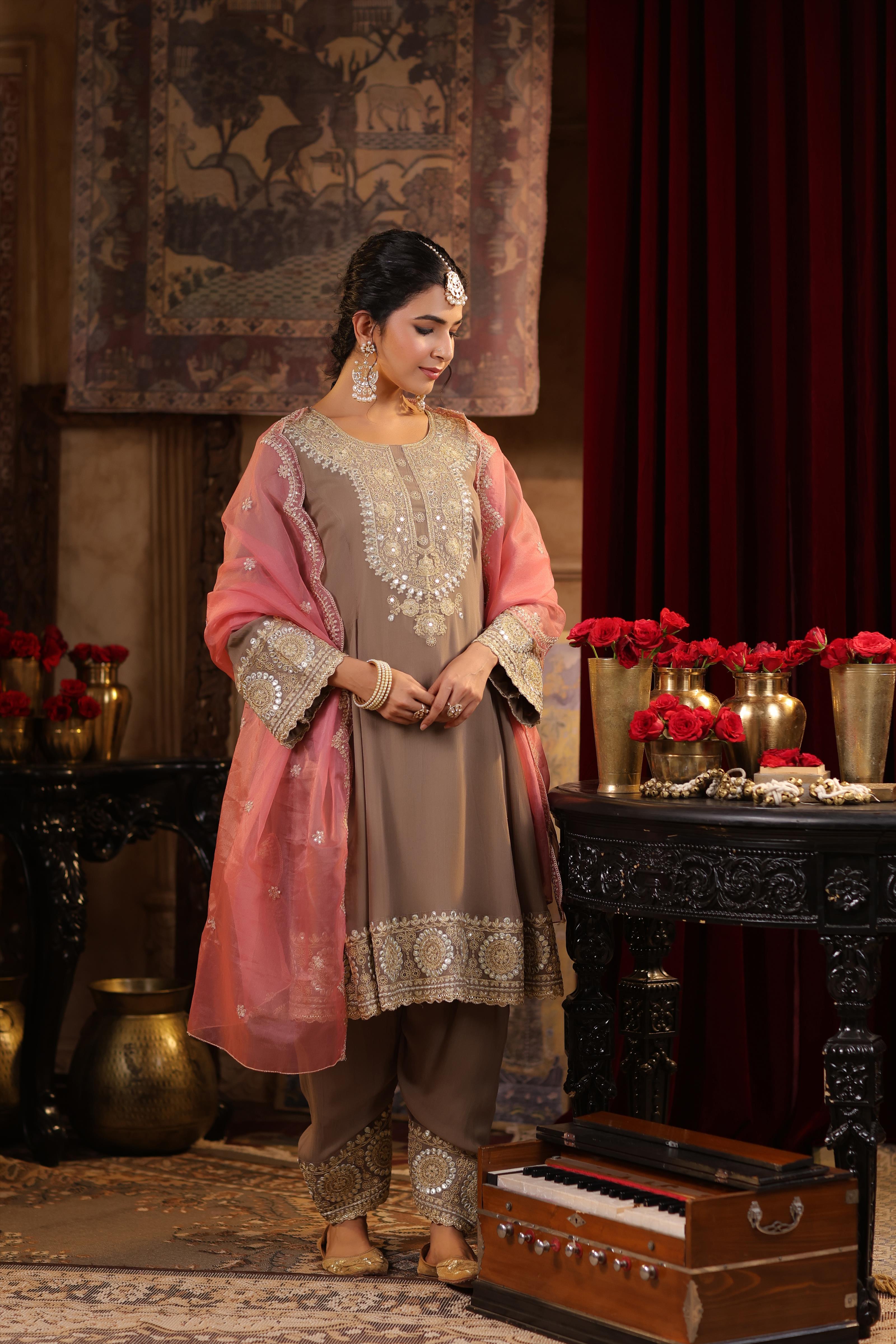 Taupe-Rose Pink Georgette Dori-Gota Work Anarkali Set