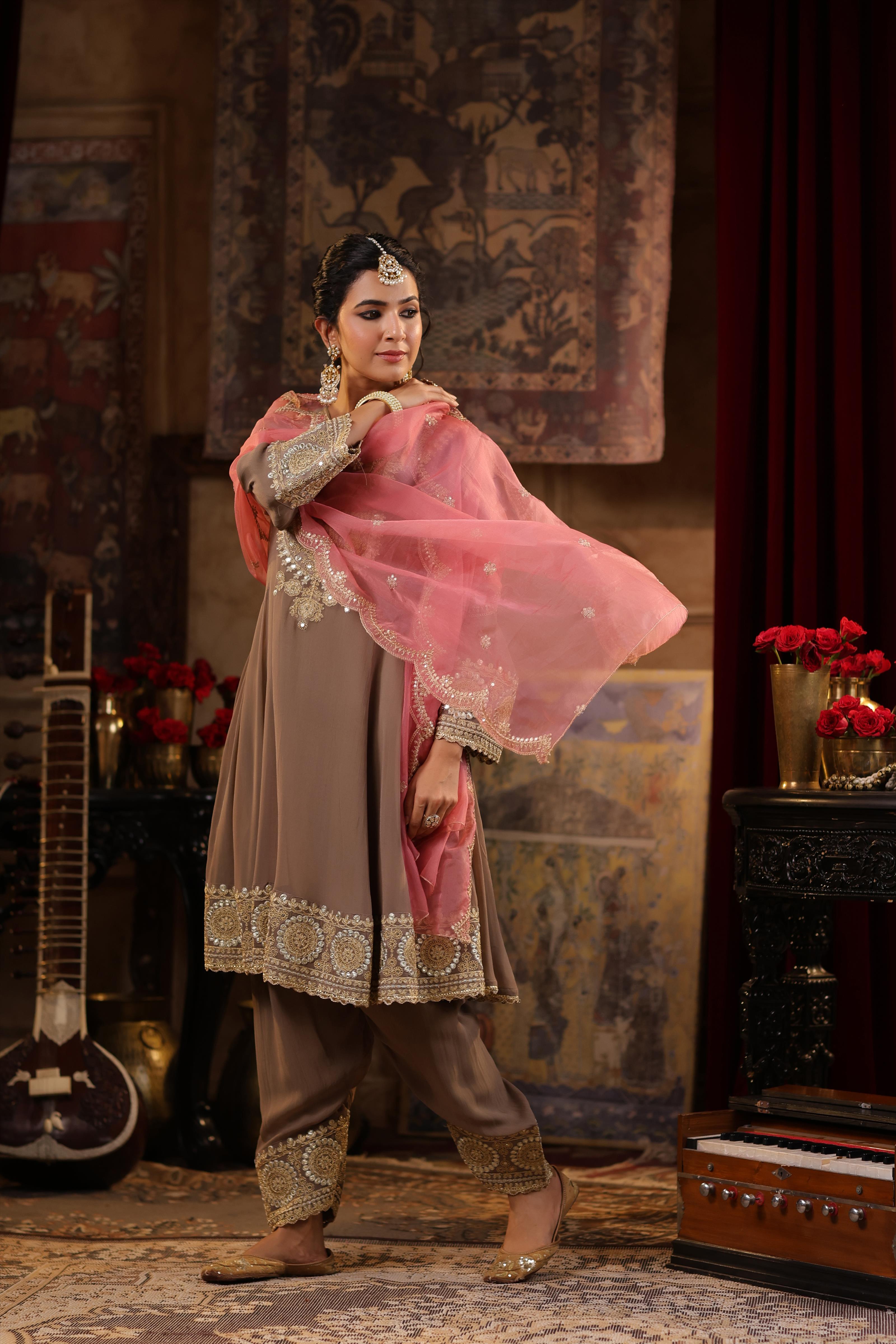 Taupe-Rose Pink Georgette Dori-Gota Work Anarkali Set