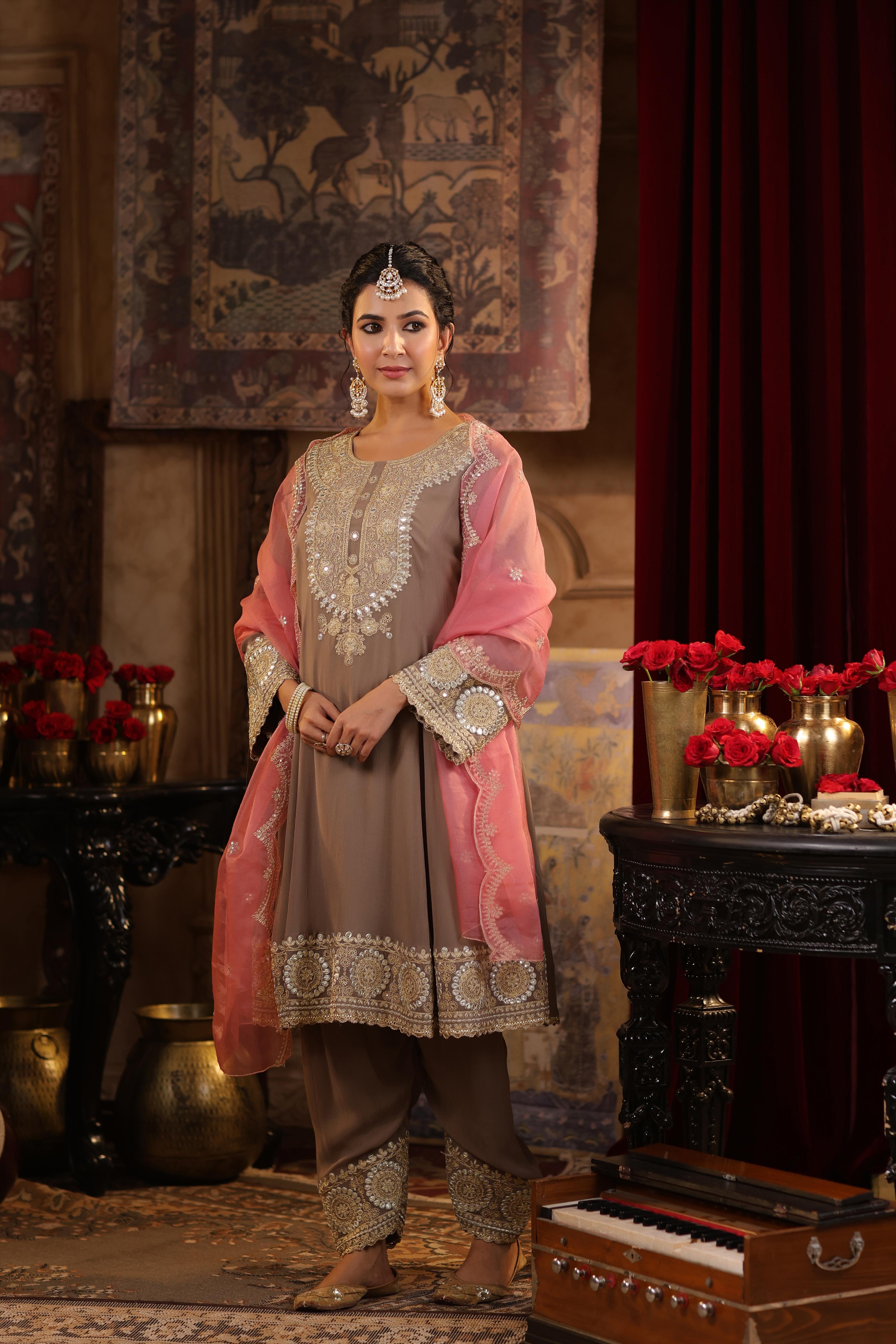 Taupe-Rose Pink Georgette Dori-Gota Work Anarkali Set