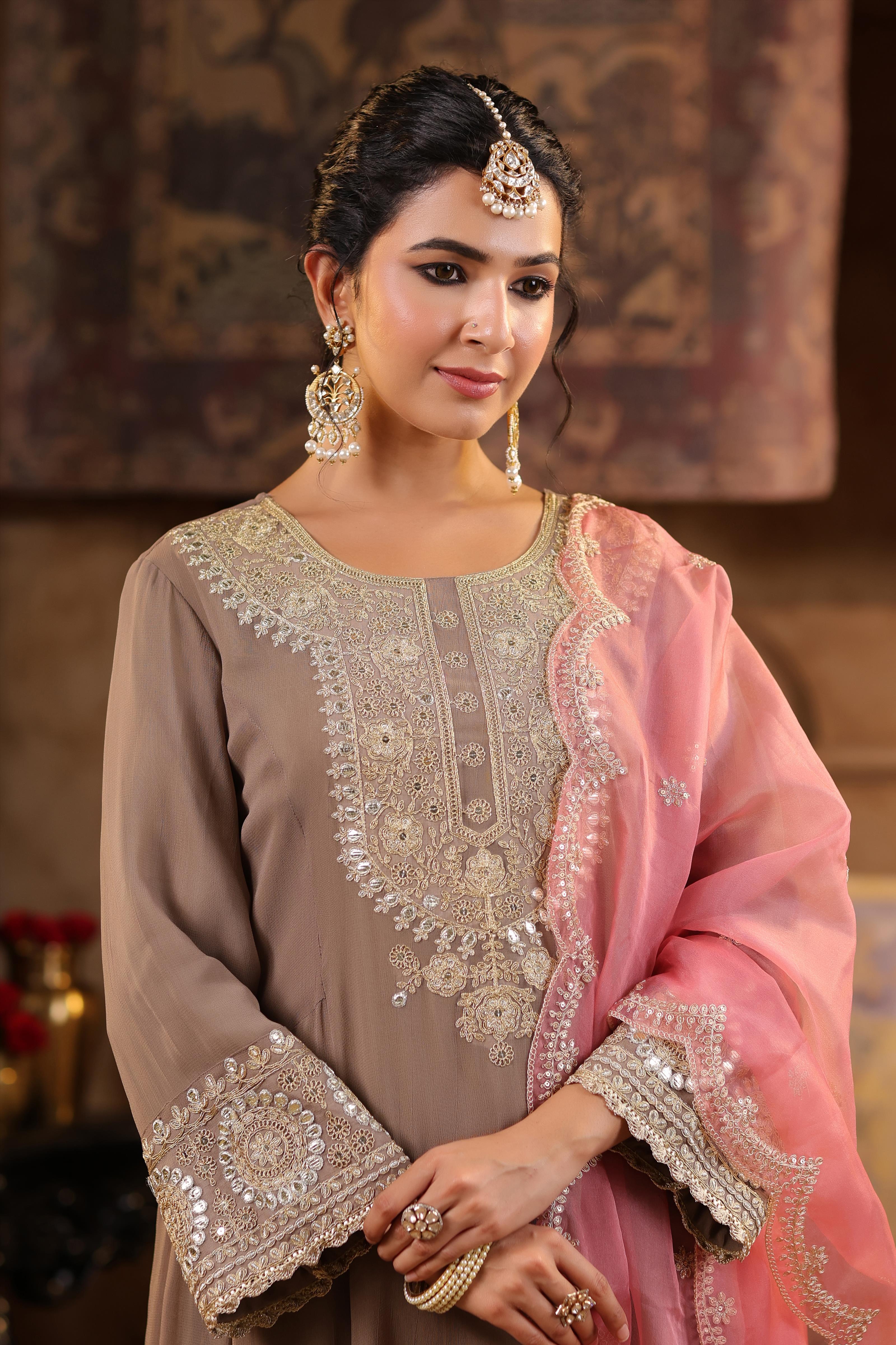 Taupe-Rose Pink Georgette Dori-Gota Work Anarkali Set