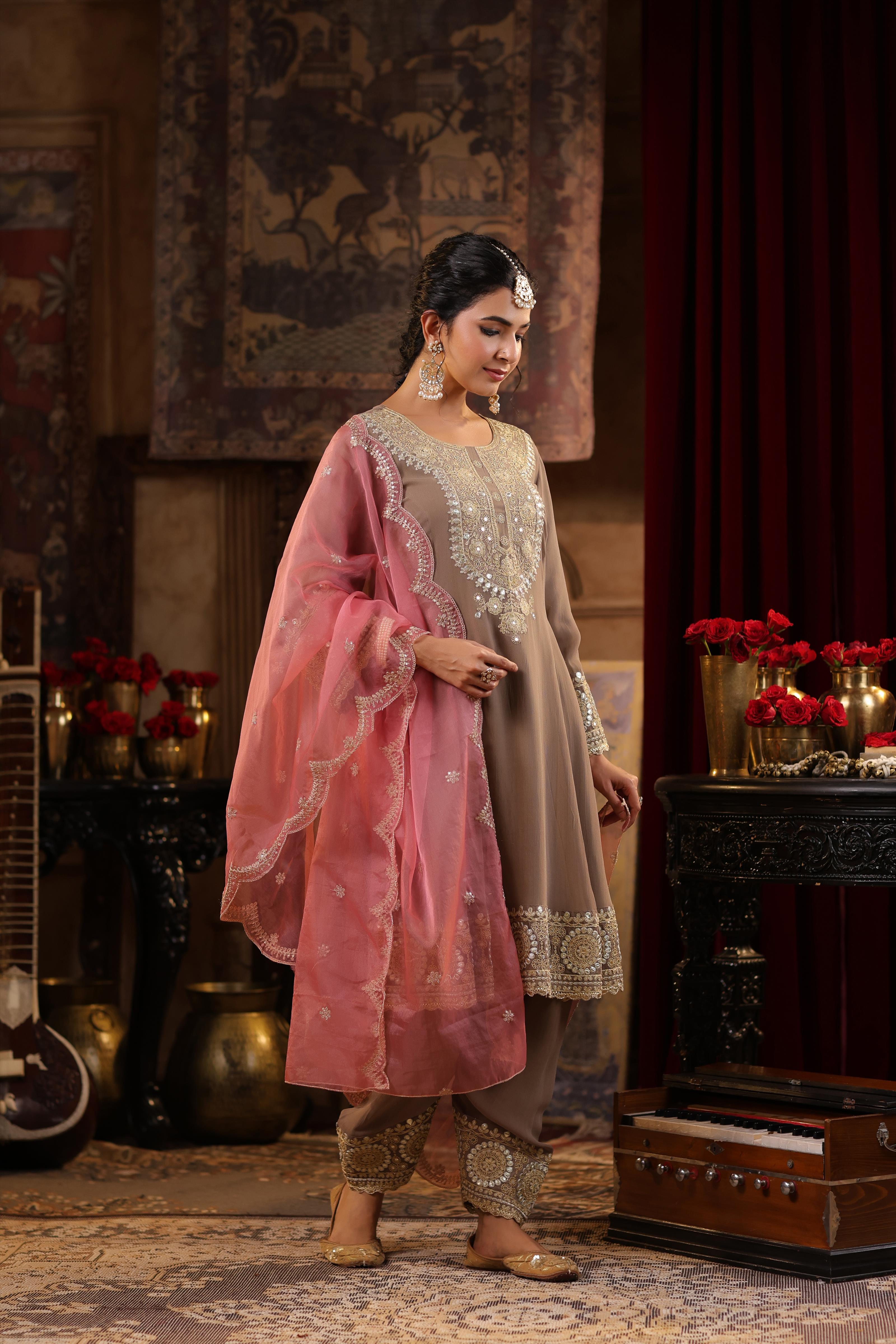 Taupe-Rose Pink Georgette Dori-Gota Work Anarkali Set