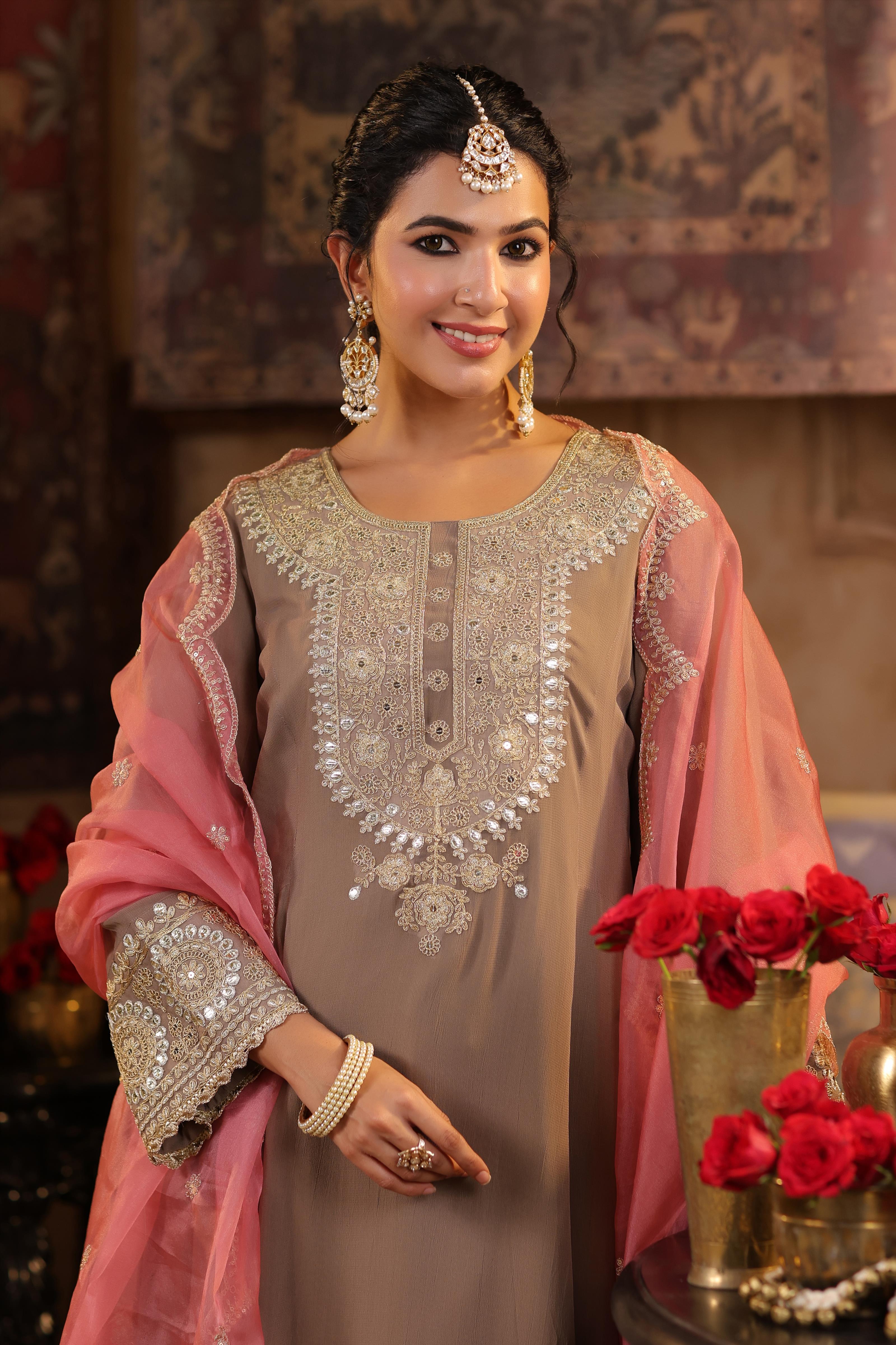 Taupe-Rose Pink Georgette Dori-Gota Work Anarkali Set