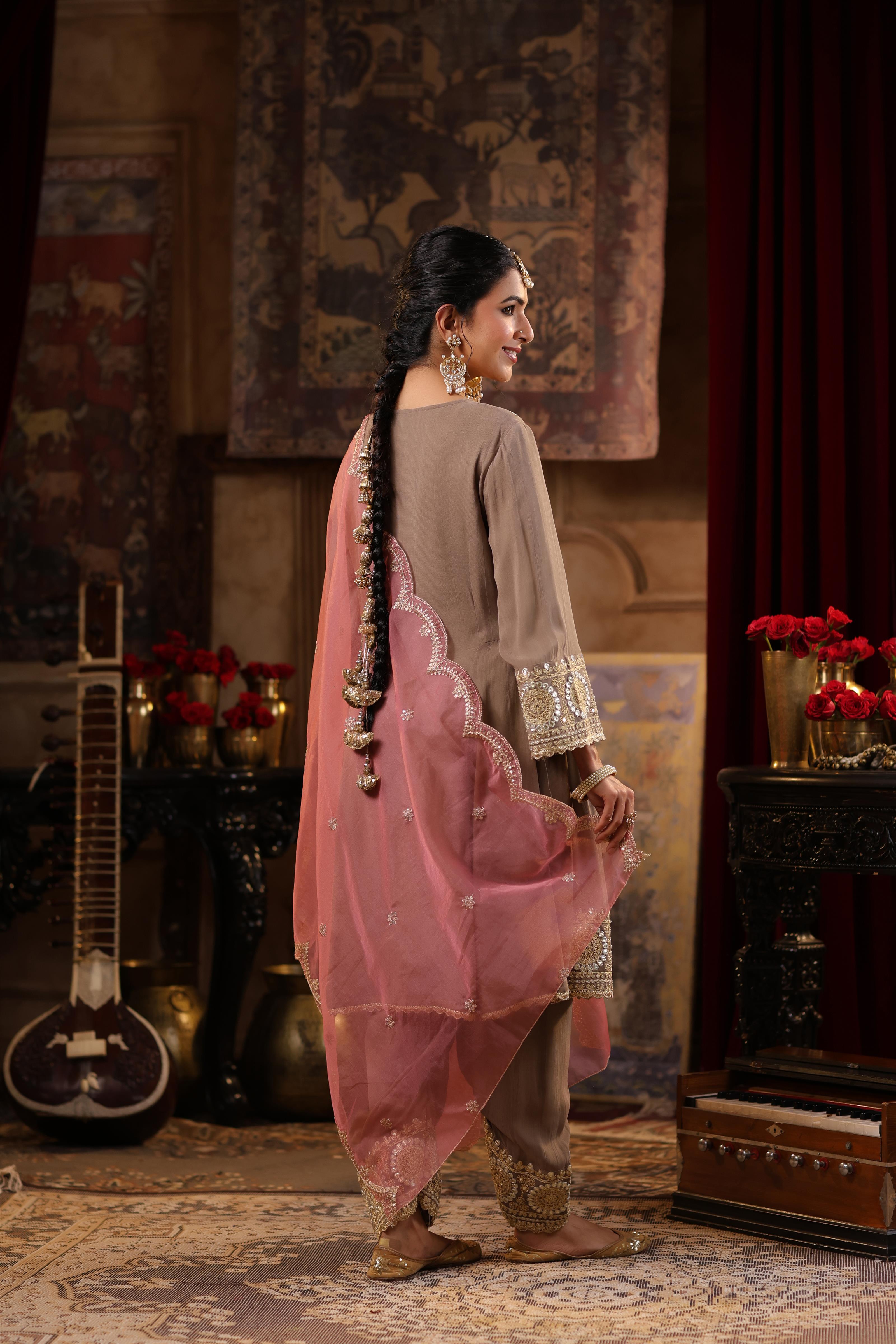 Taupe-Rose Pink Georgette Dori-Gota Work Anarkali Set