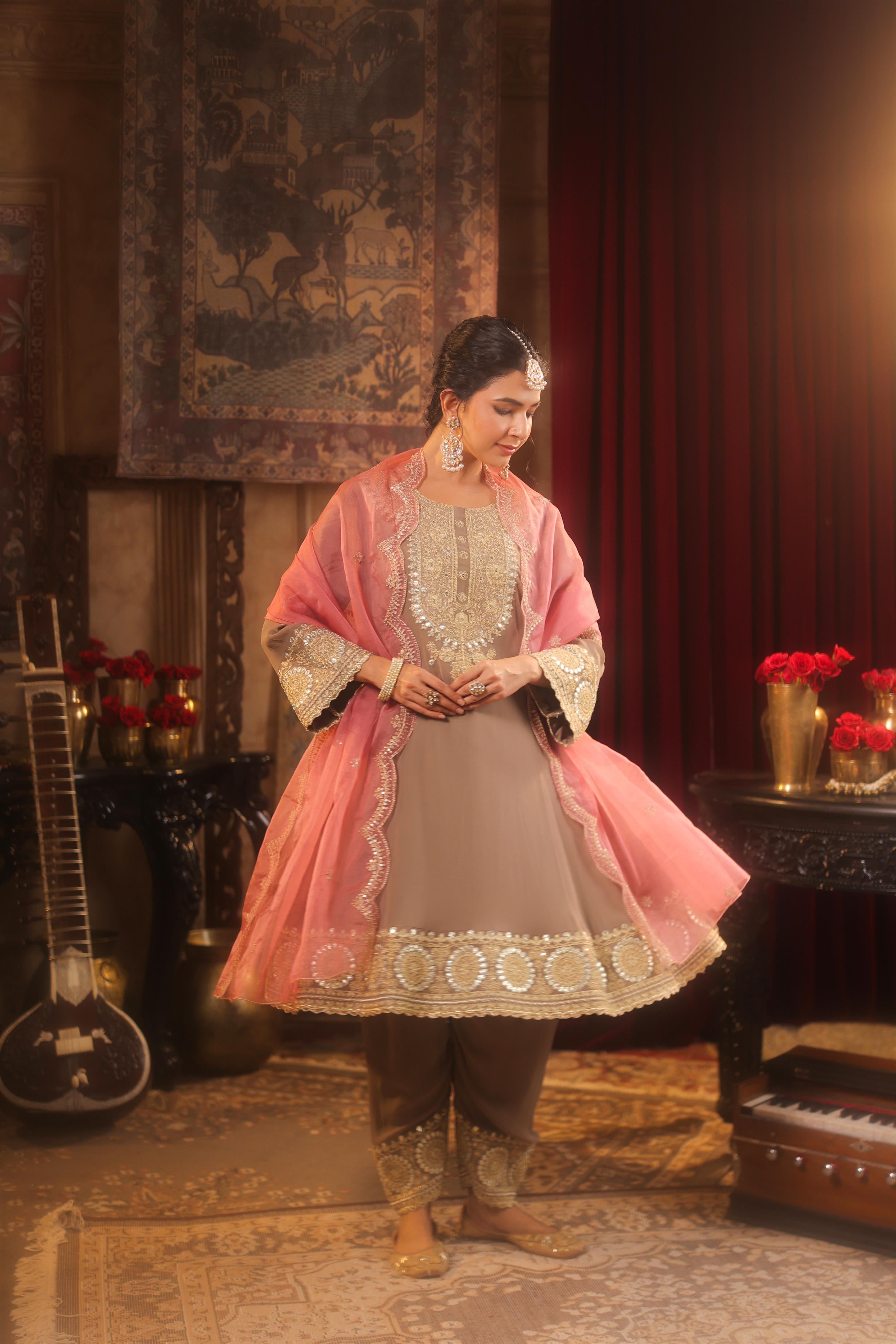 Taupe-Rose Pink Georgette Dori-Gota Work Anarkali Set