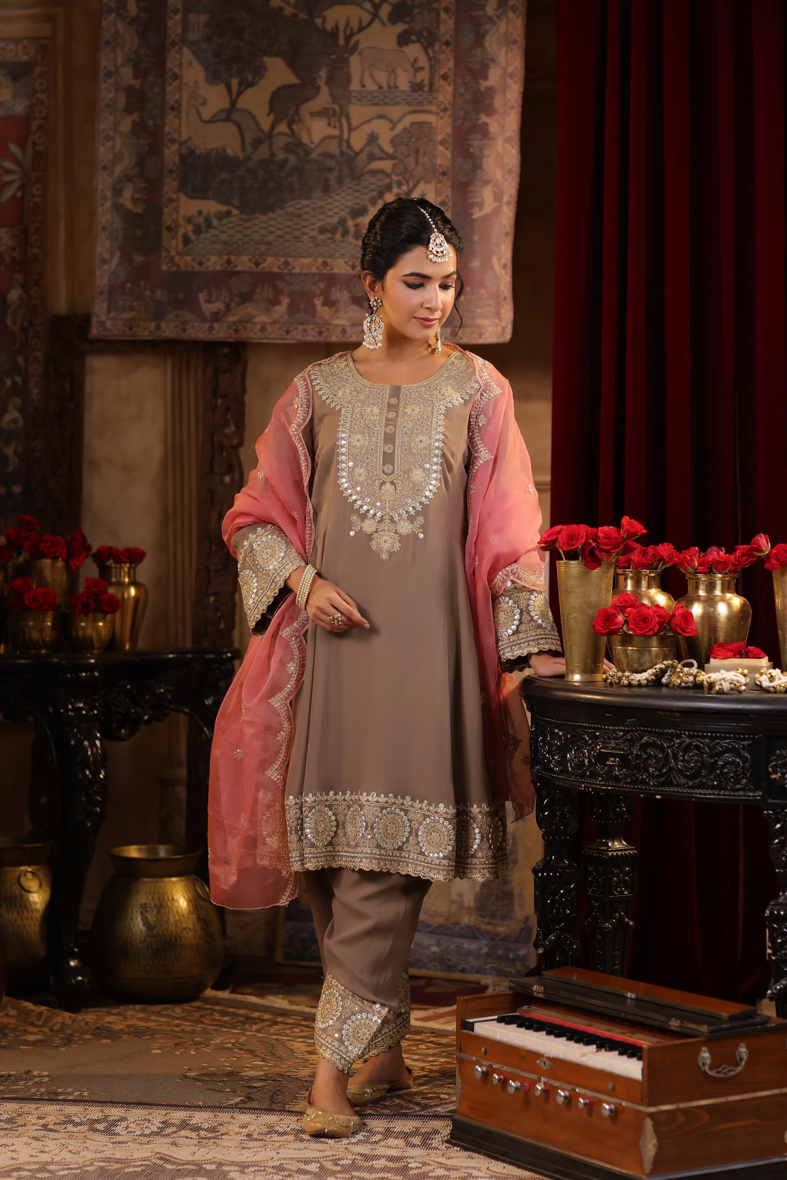 Taupe-Rose Pink Georgette Dori-Gota Work Anarkali Set