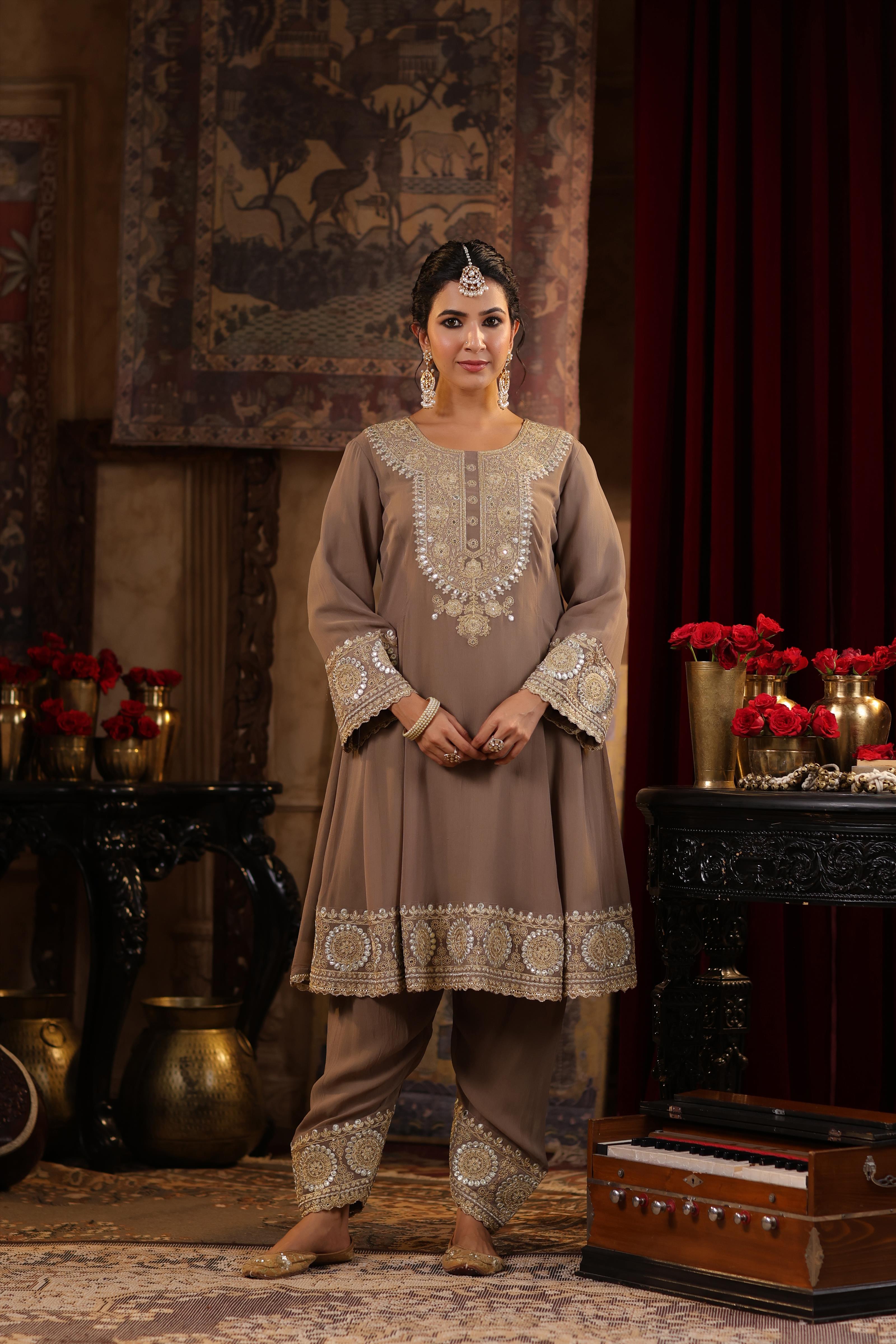 Taupe-Rose Pink Georgette Dori-Gota Work Anarkali Set