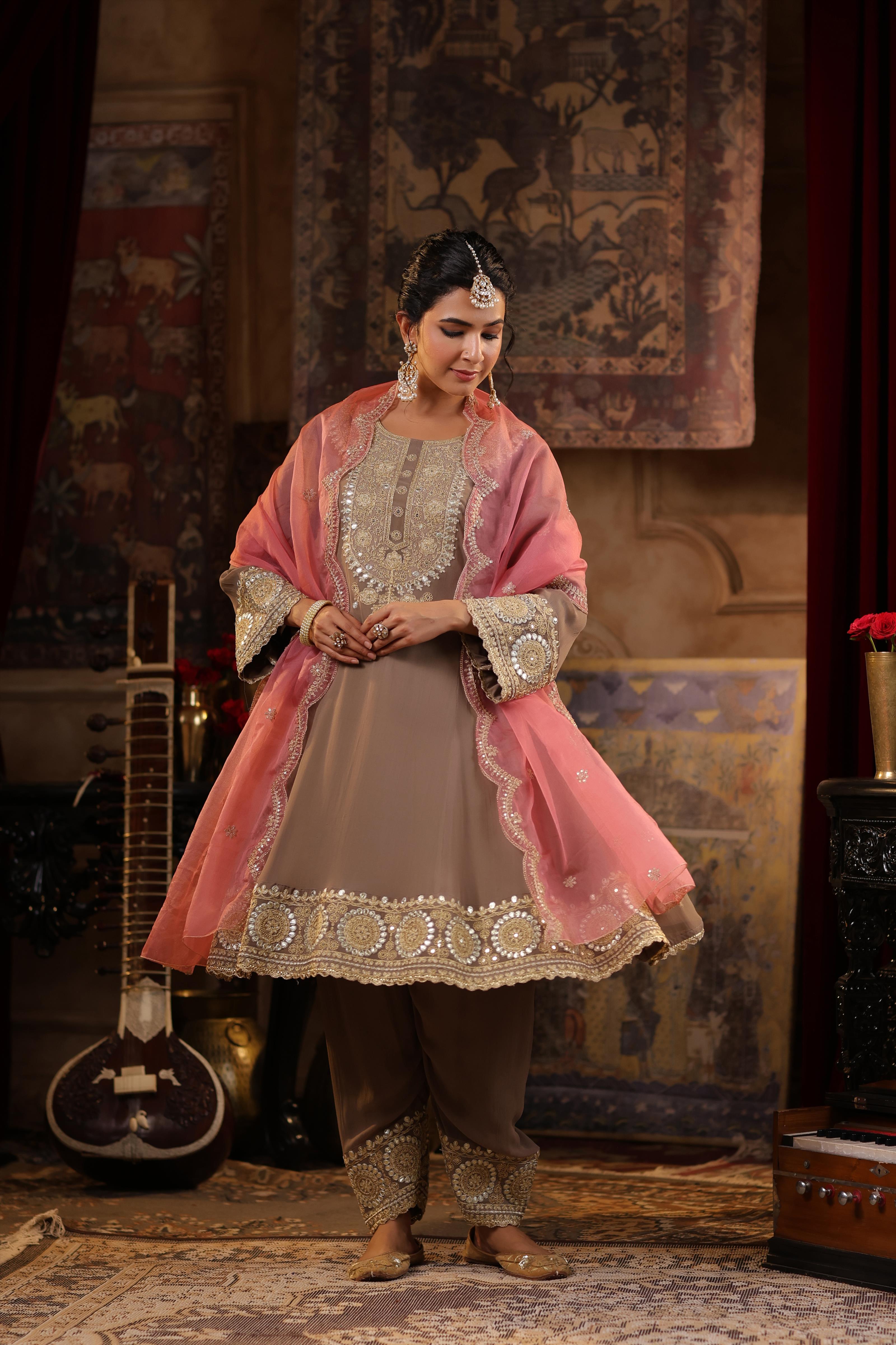 Taupe-Rose Pink Georgette Dori-Gota Work Anarkali Set