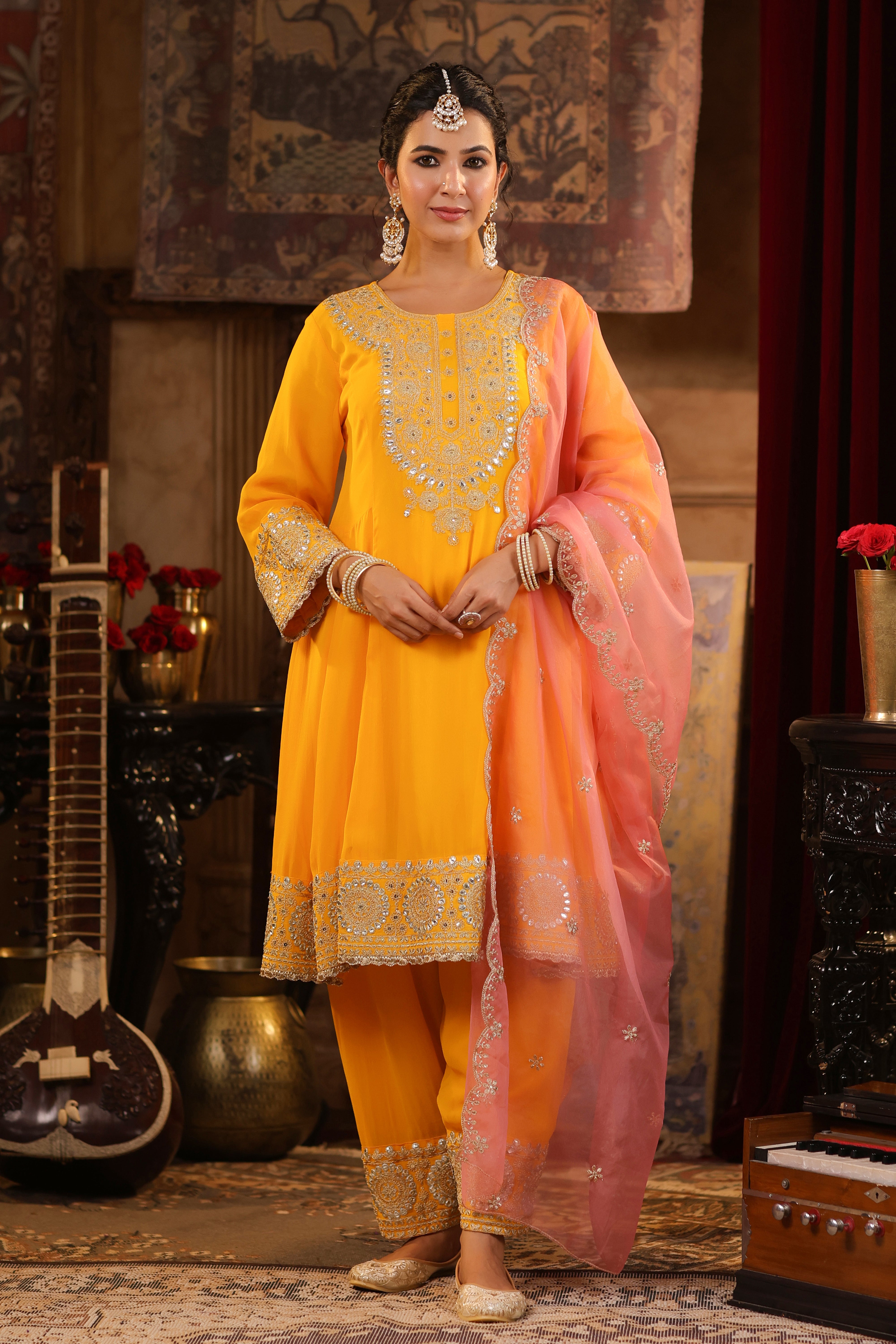 Yellow-Rose Pink Georgette Dori-Gota Work Anarkali Set