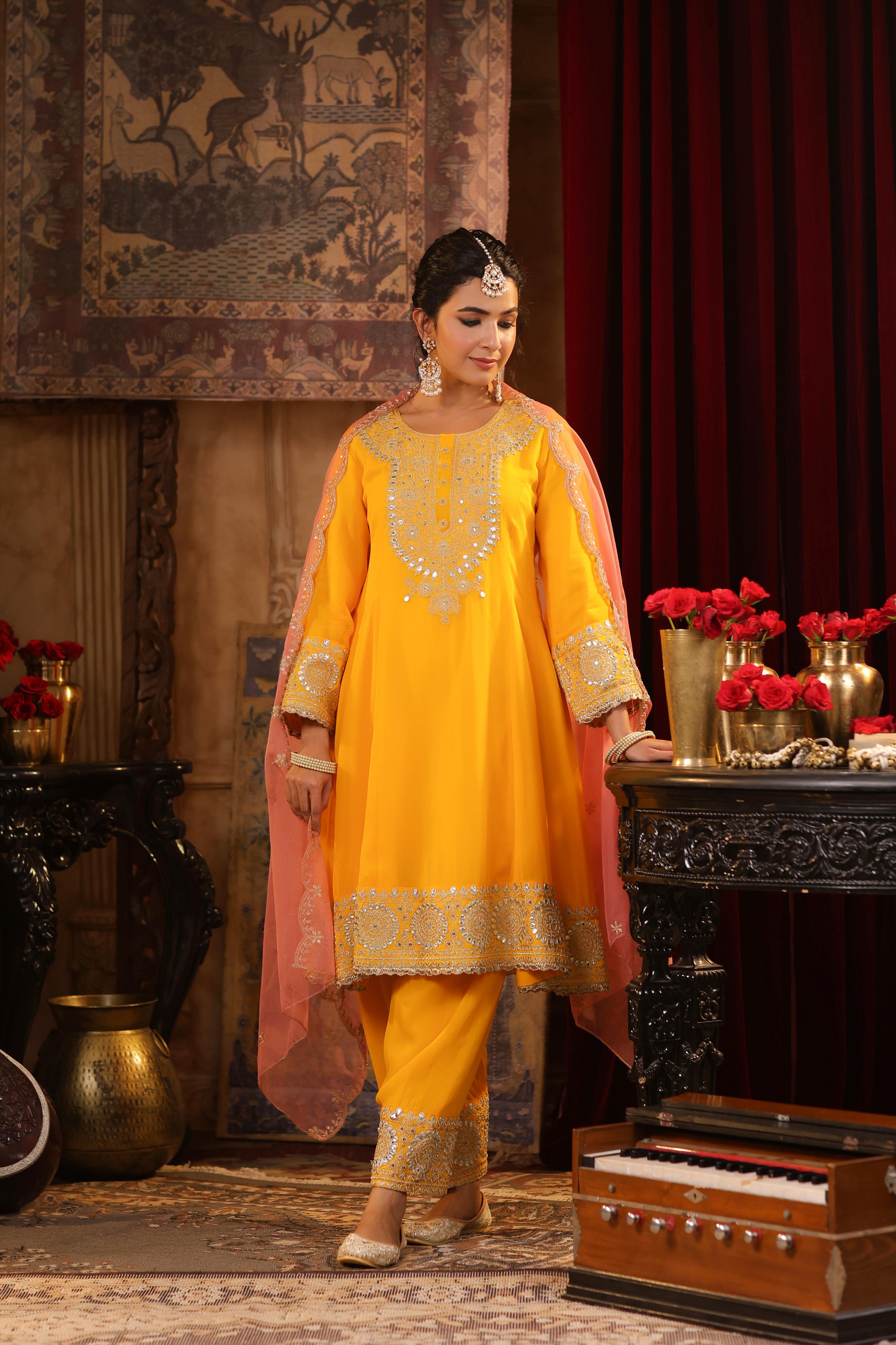 Yellow-Rose Pink Georgette Dori-Gota Work Anarkali Set