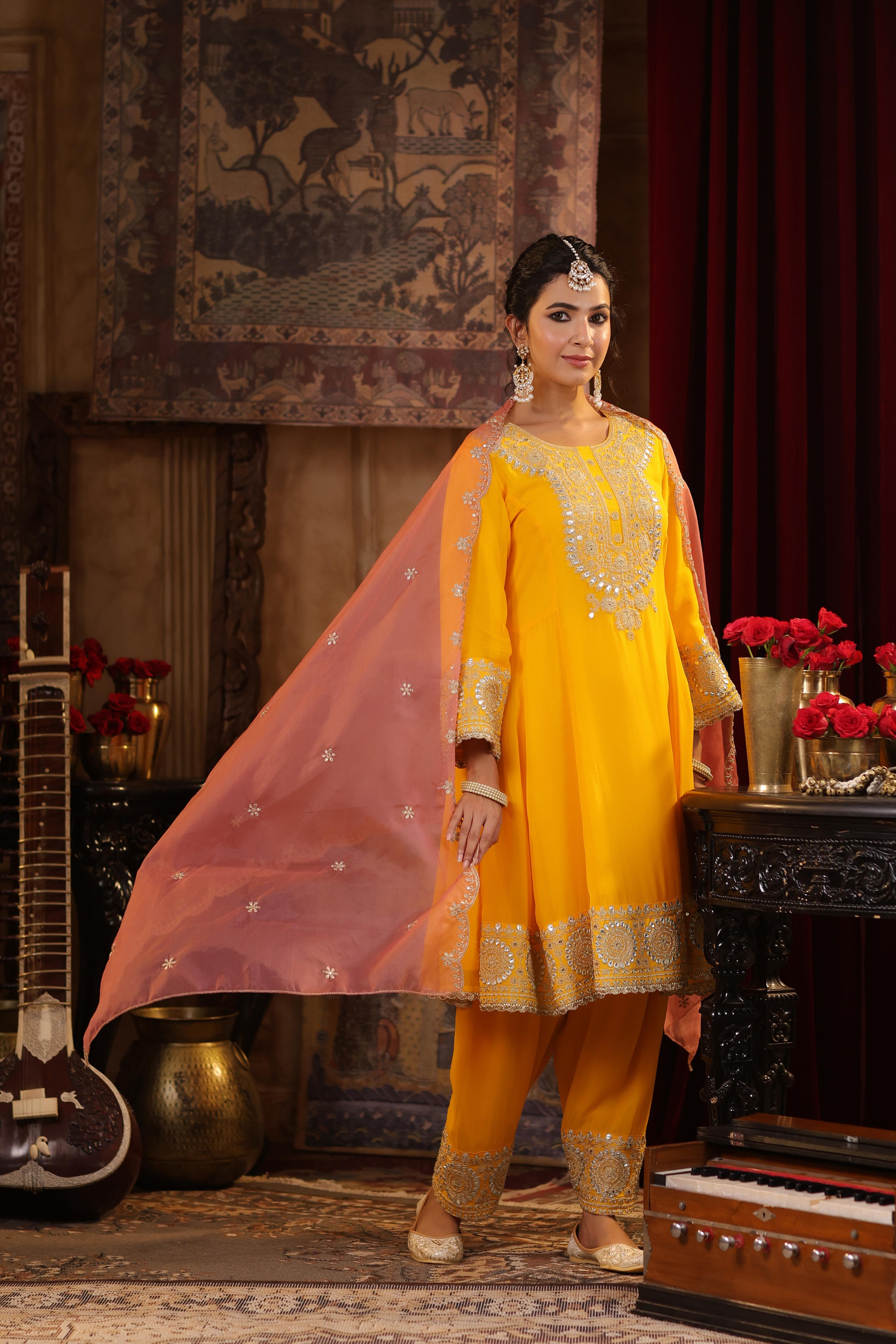 Yellow-Rose Pink Georgette Dori-Gota Work Anarkali Set