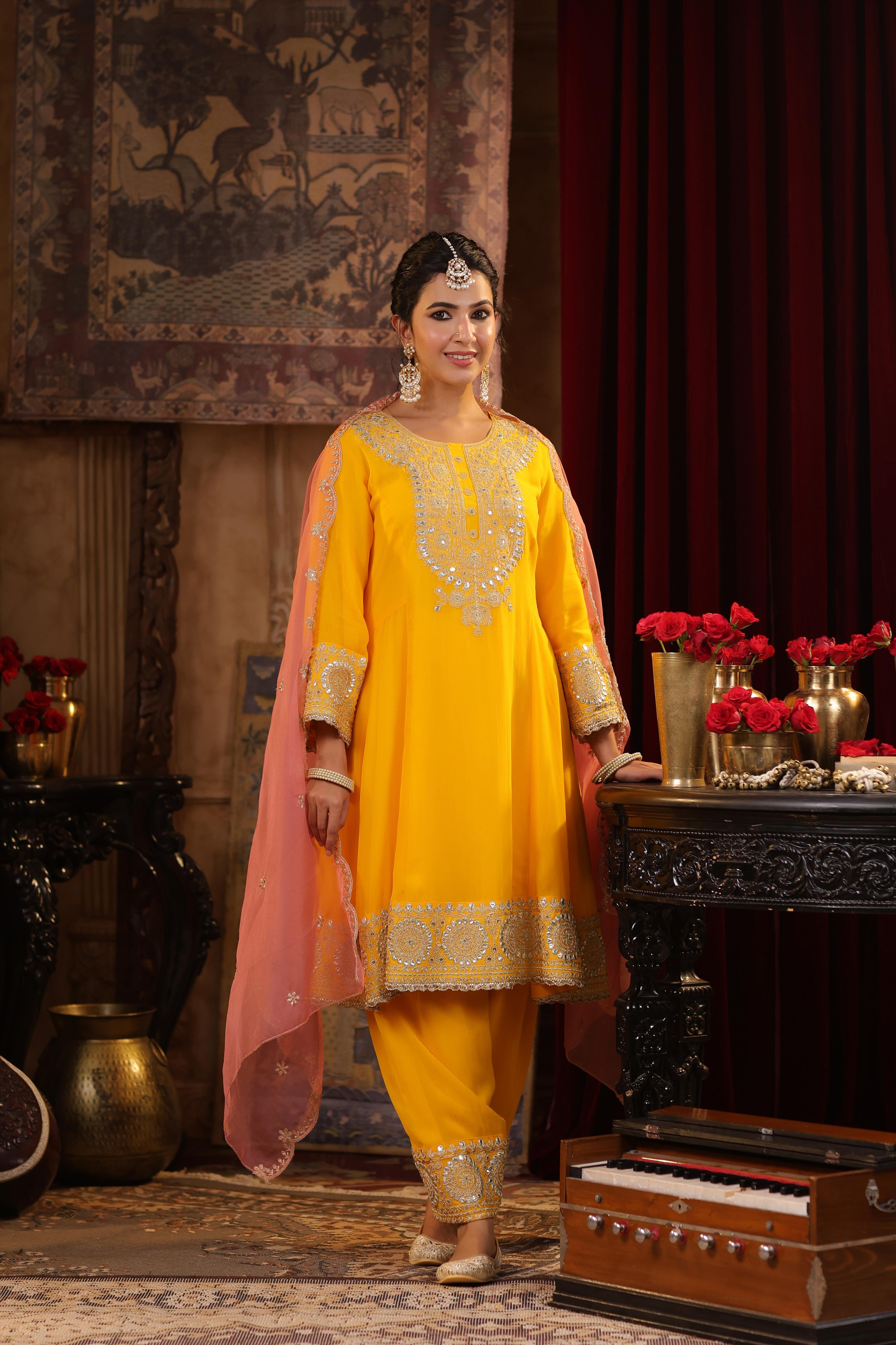 Yellow-Rose Pink Georgette Dori-Gota Work Anarkali Set