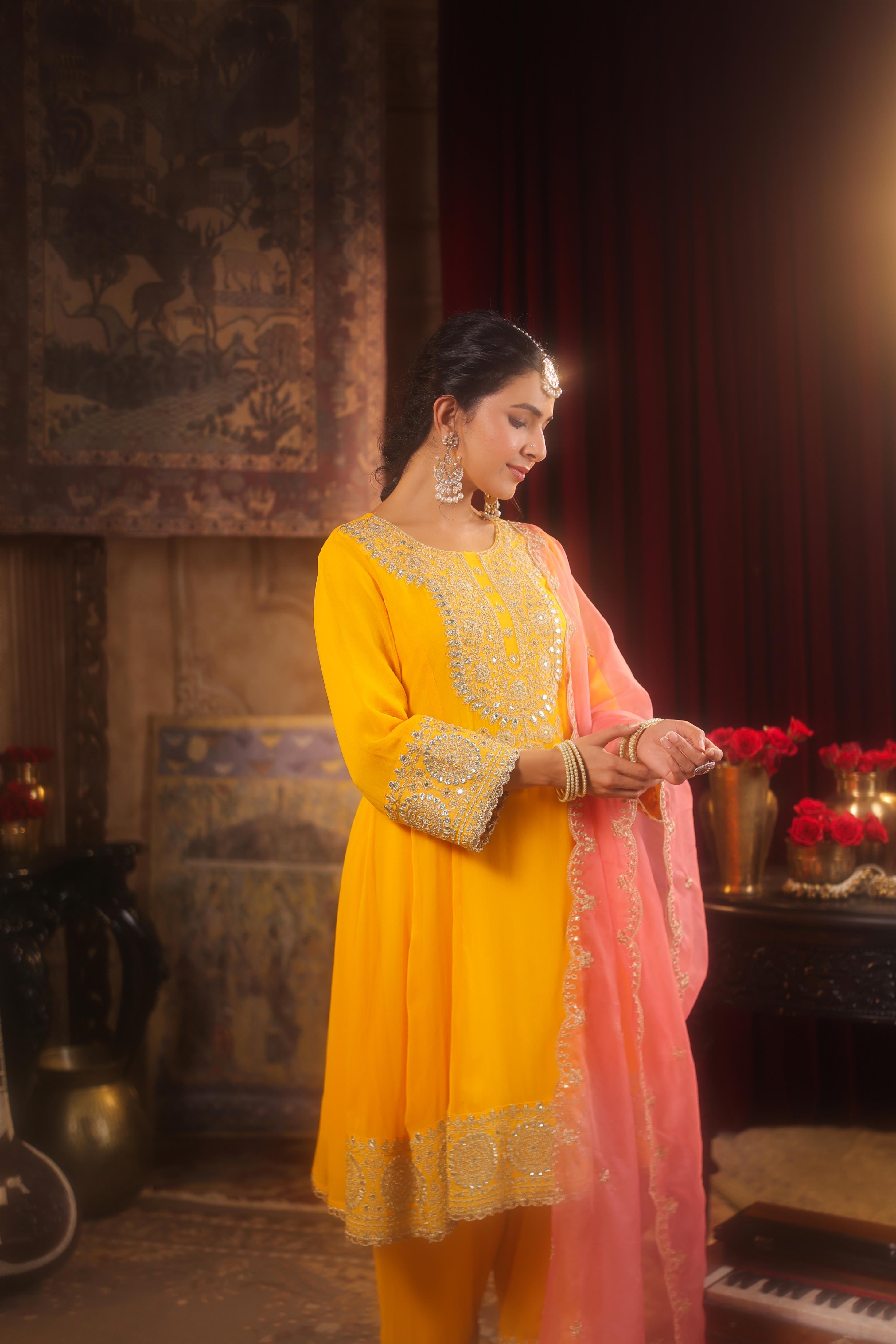 Yellow-Rose Pink Georgette Dori-Gota Work Anarkali Set