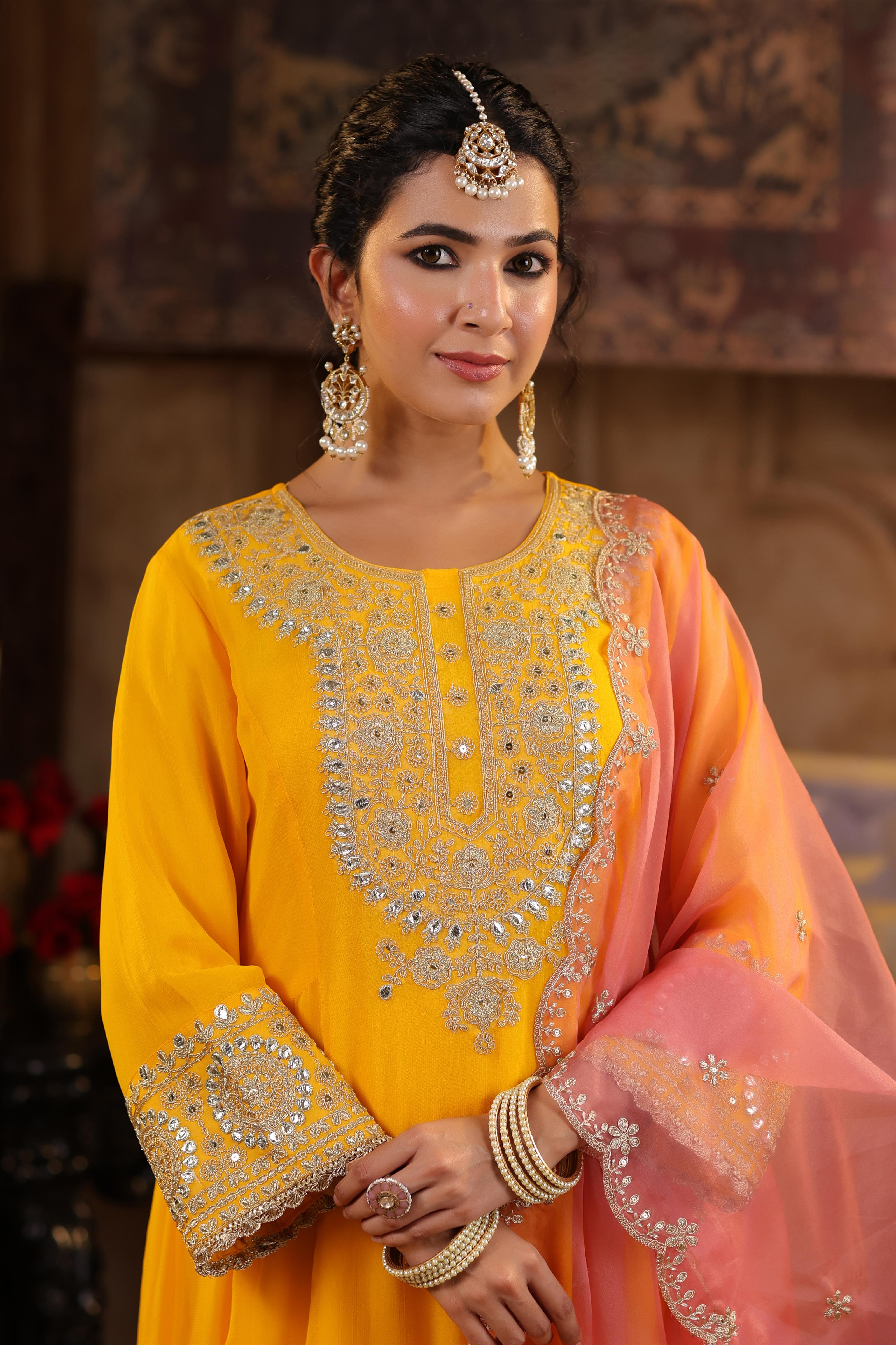 Yellow-Rose Pink Georgette Dori-Gota Work Anarkali Set