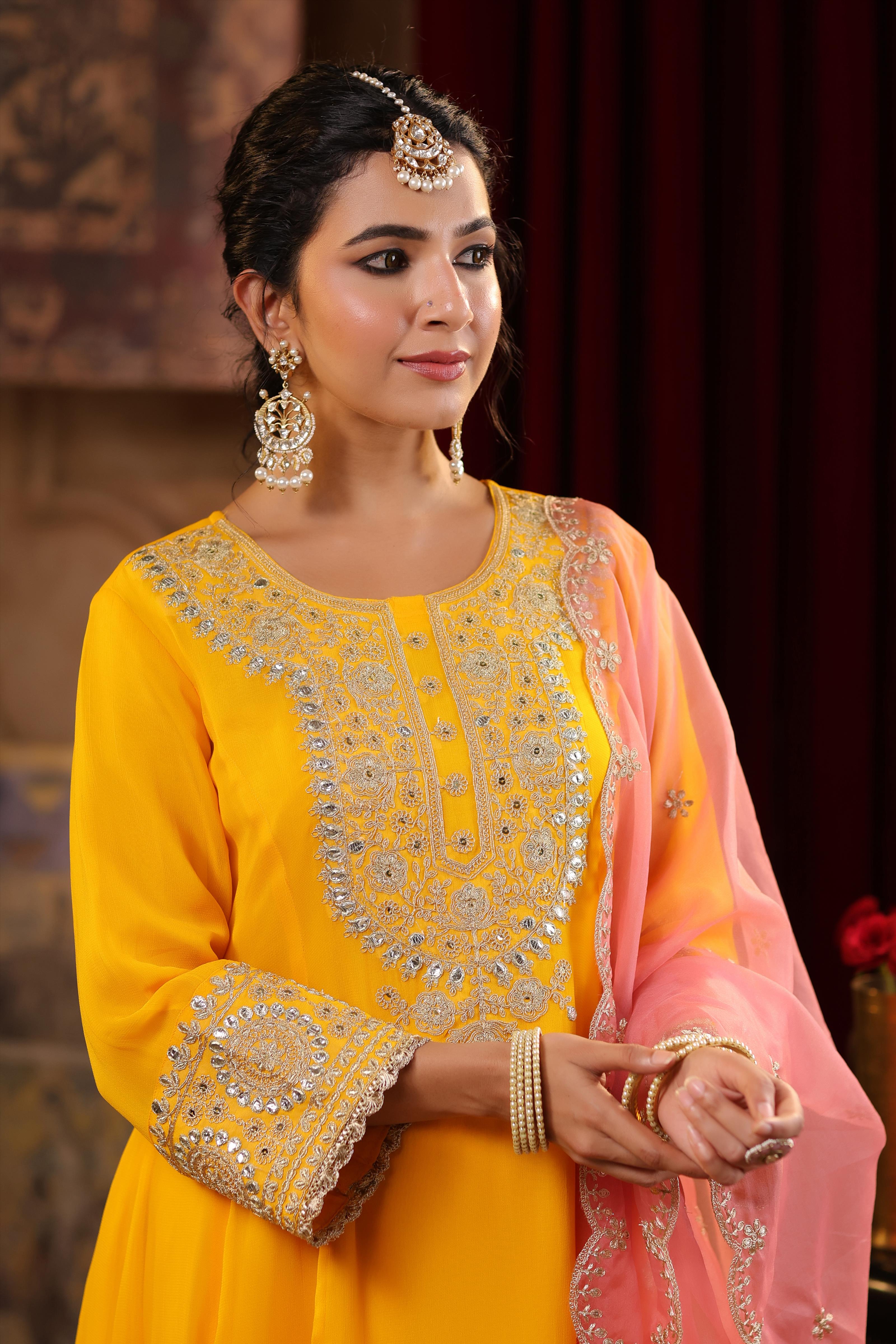 Yellow-Rose Pink Georgette Dori-Gota Work Anarkali Set