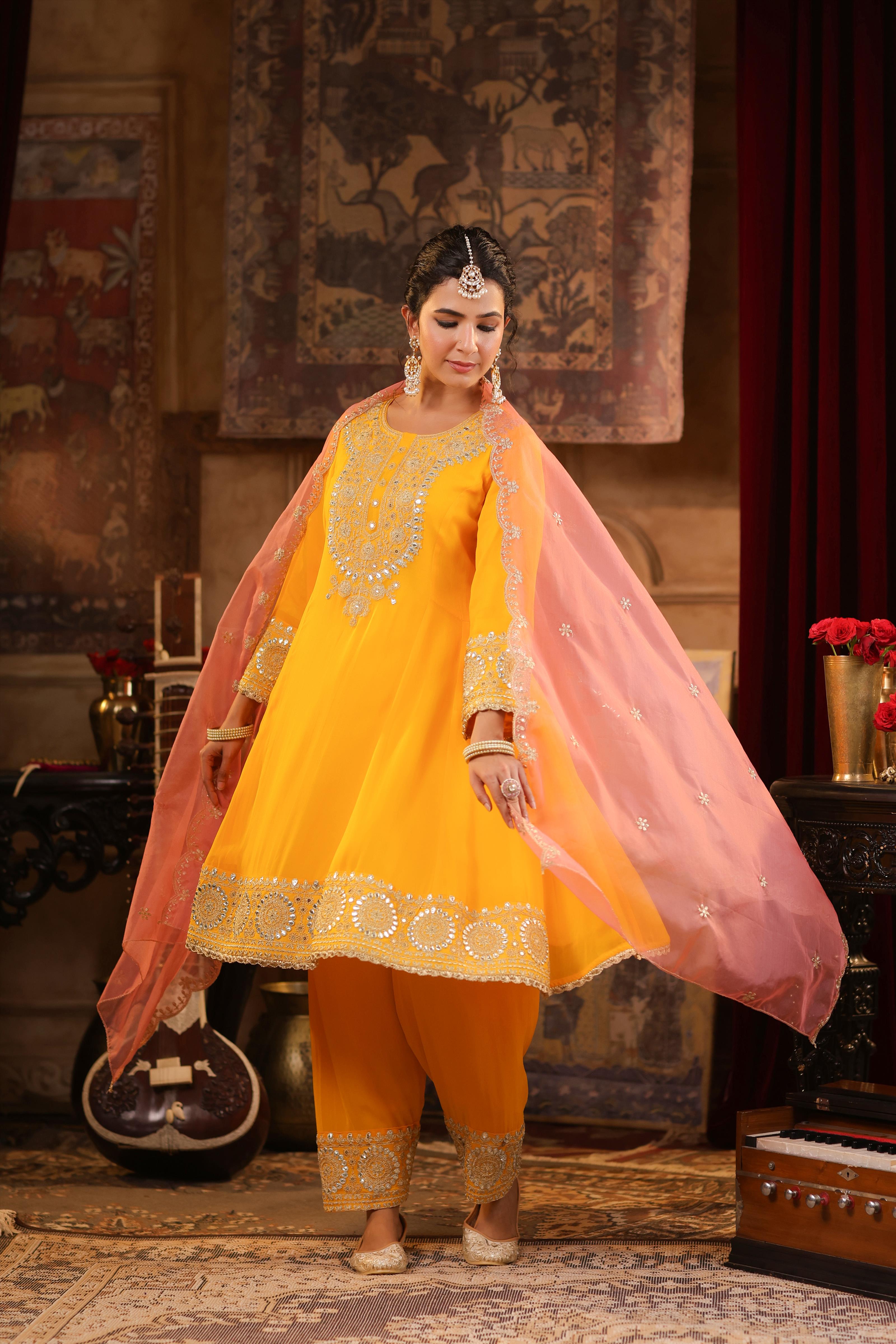 Yellow-Rose Pink Georgette Dori-Gota Work Anarkali Set