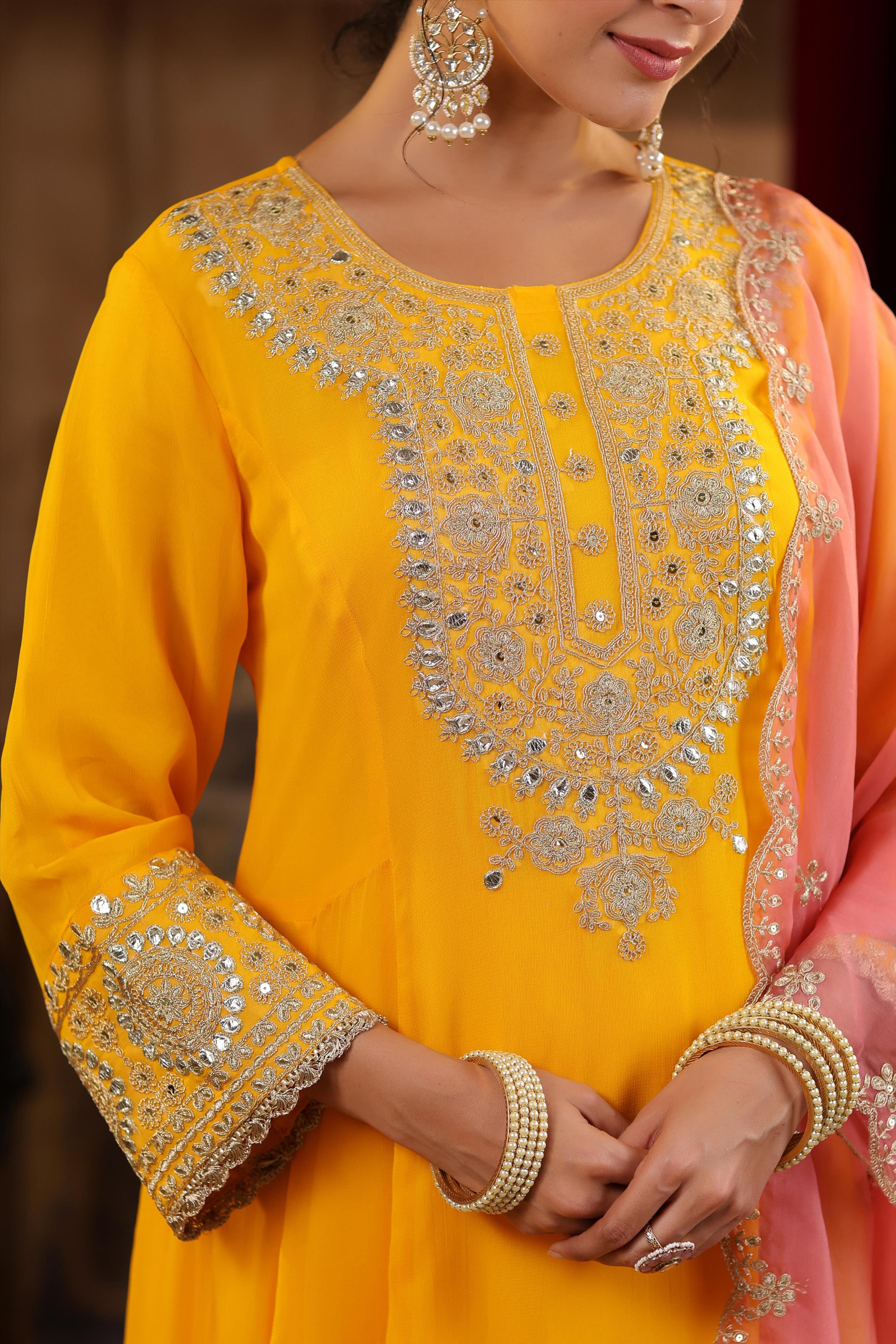 Yellow-Rose Pink Georgette Dori-Gota Work Anarkali Set