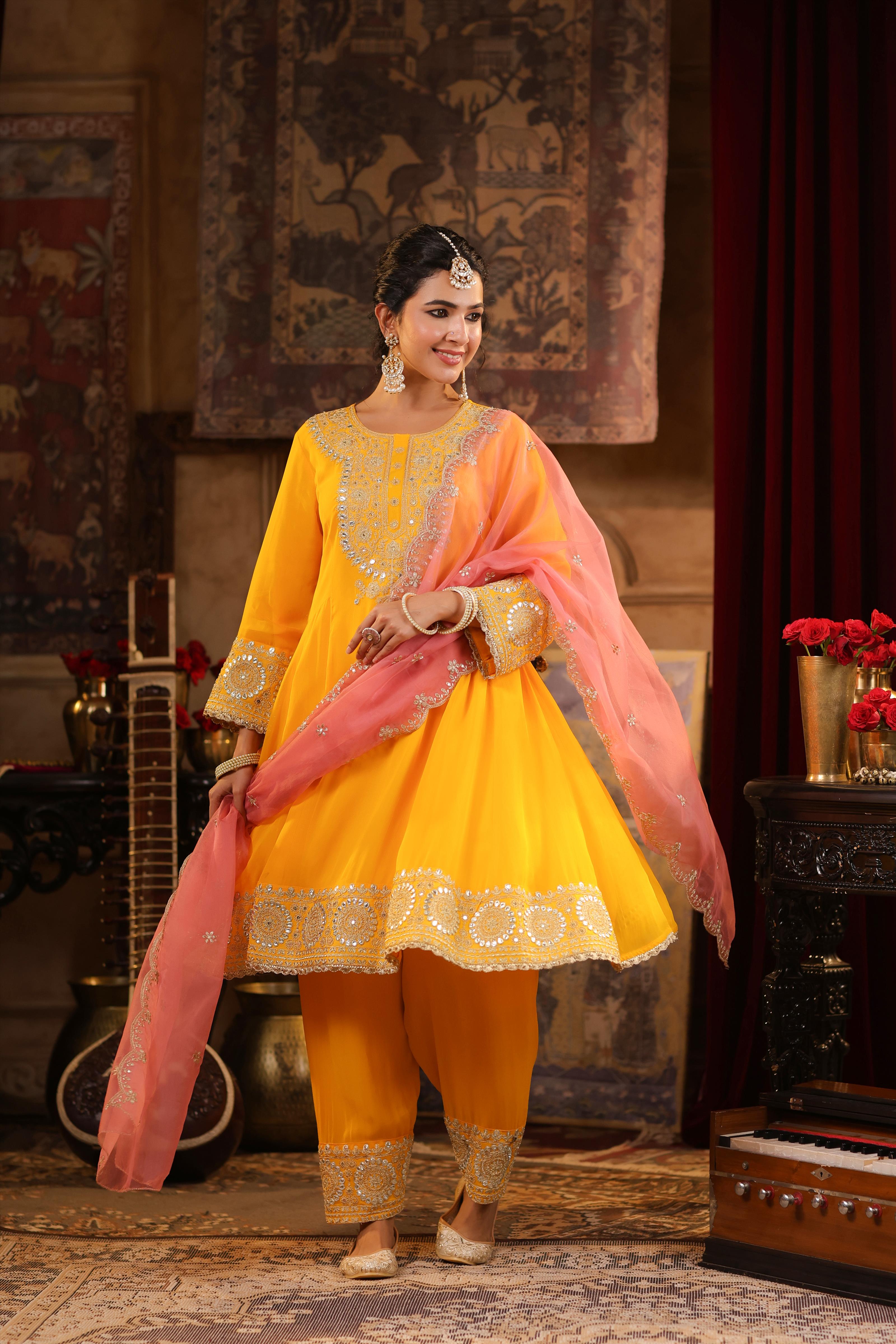 Yellow-Rose Pink Georgette Dori-Gota Work Anarkali Set