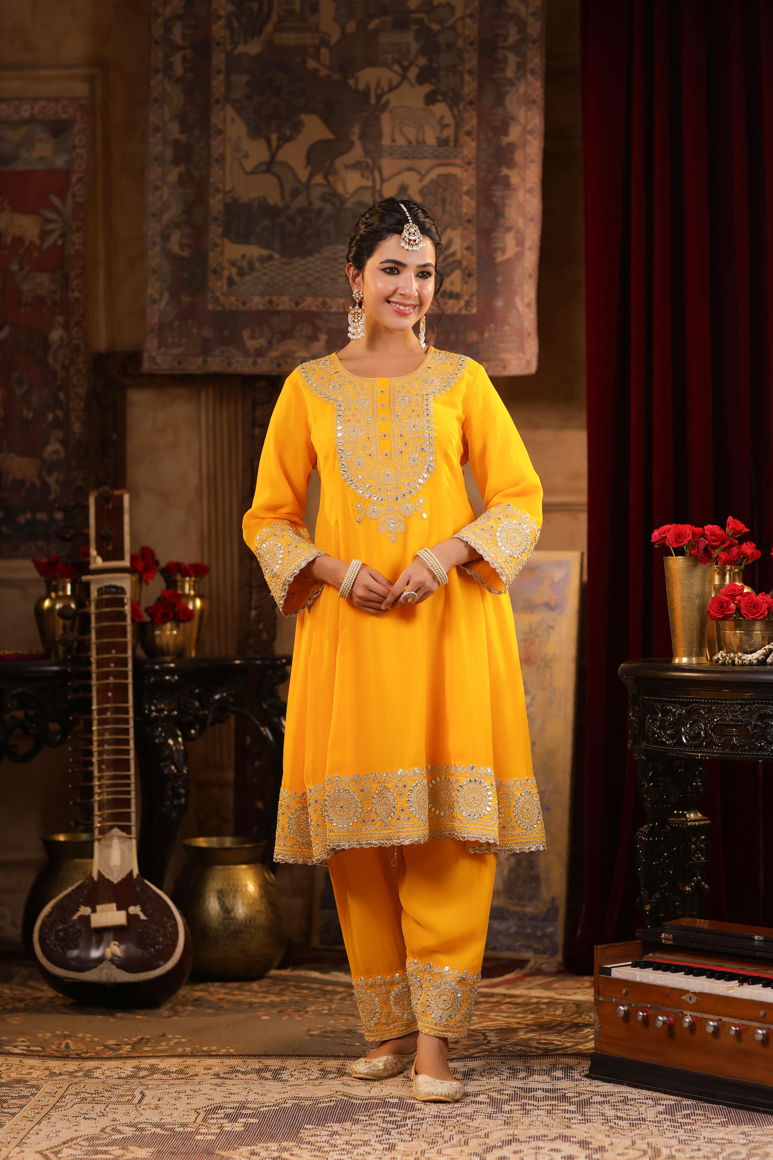 Yellow-Rose Pink Georgette Dori-Gota Work Anarkali Set